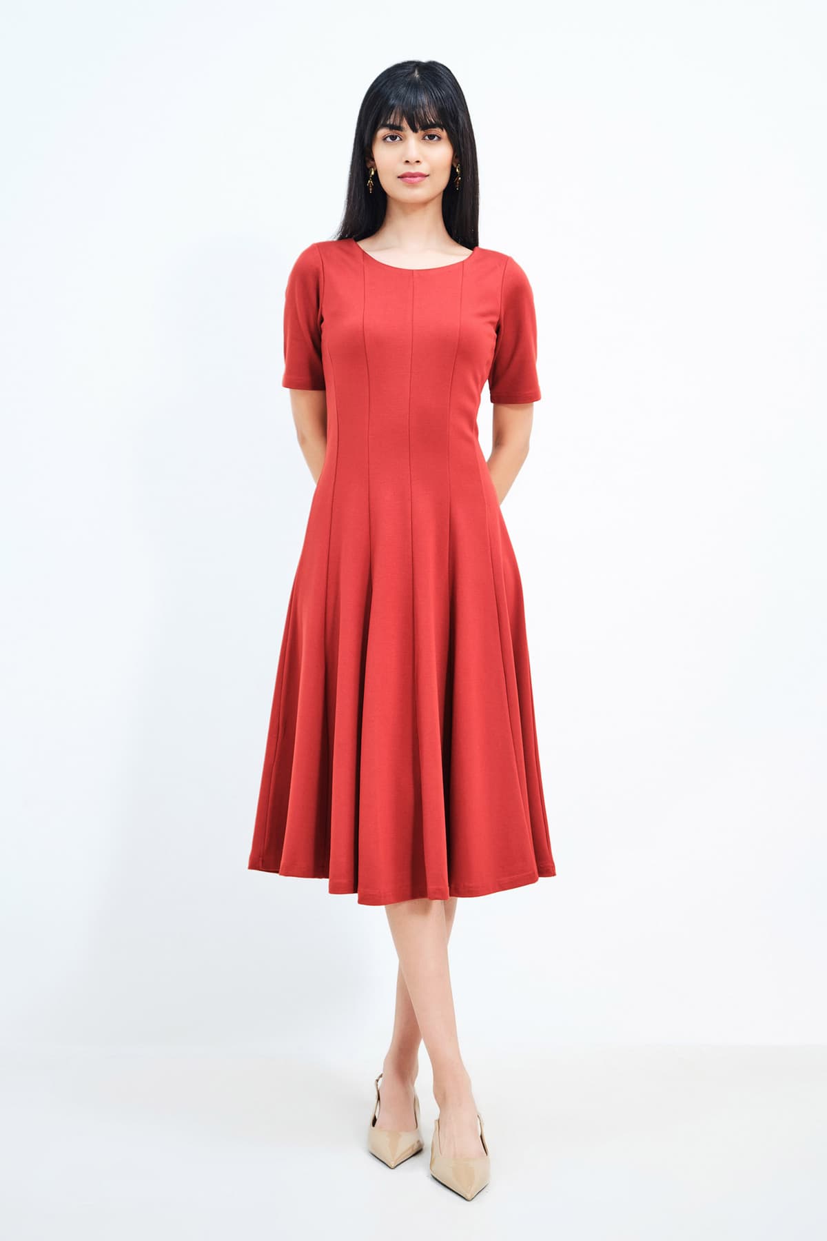 Women Orange Casual Solid Half Sleeves Fit & Flared Dress