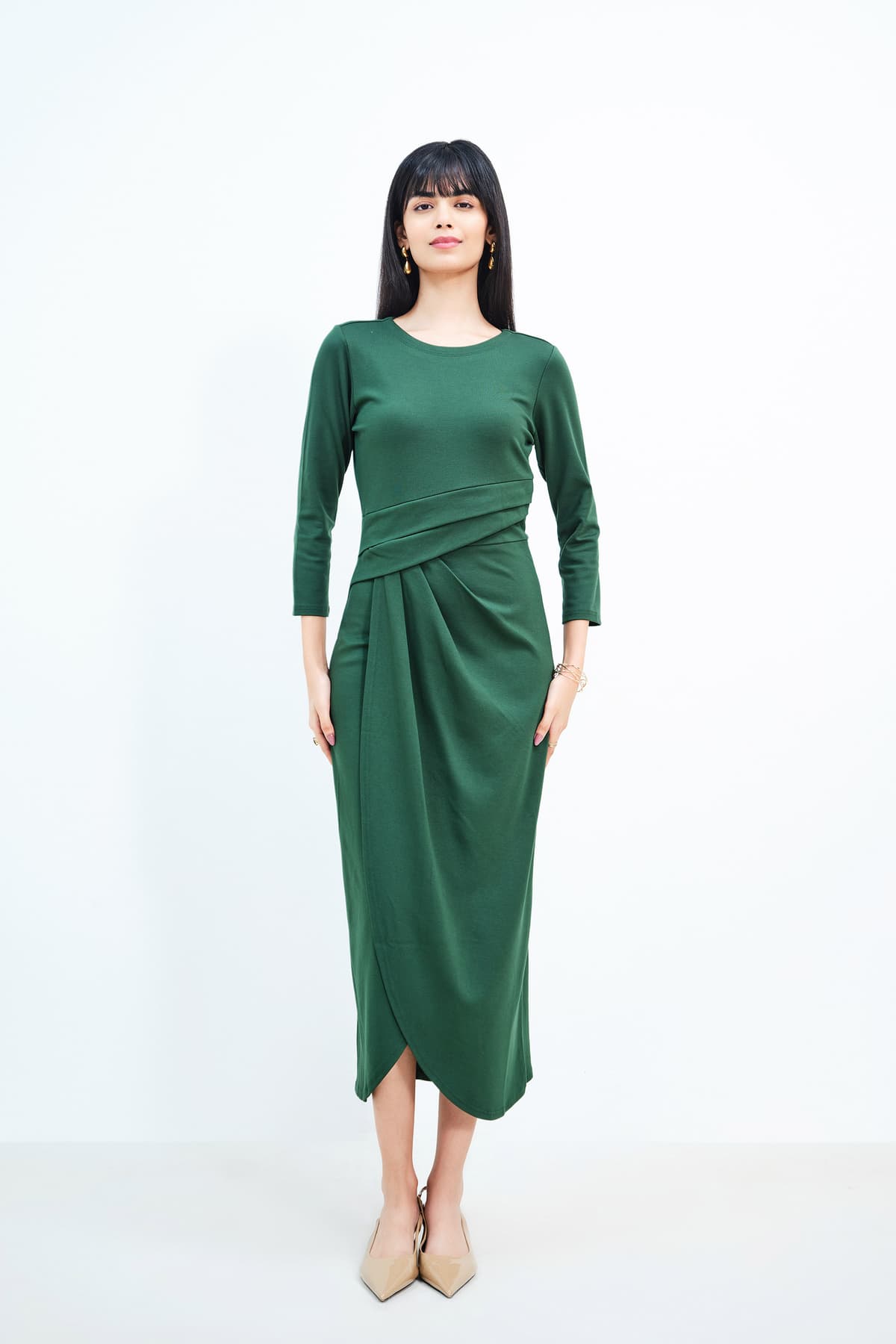 Women Green Casual Solid Three Quarter Sleeves Fit & Flared Dress