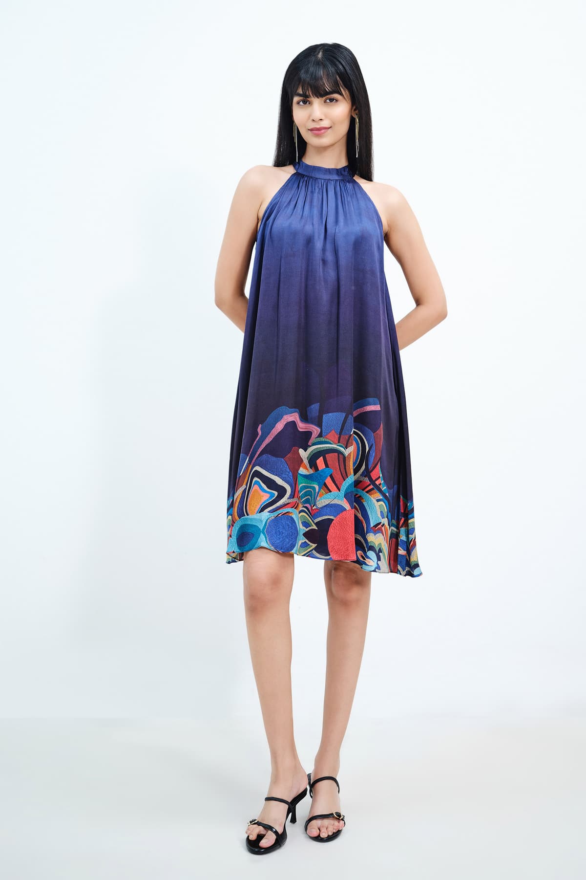 Women Navy Casual Printed Sleeveless Fit & Flared Dress