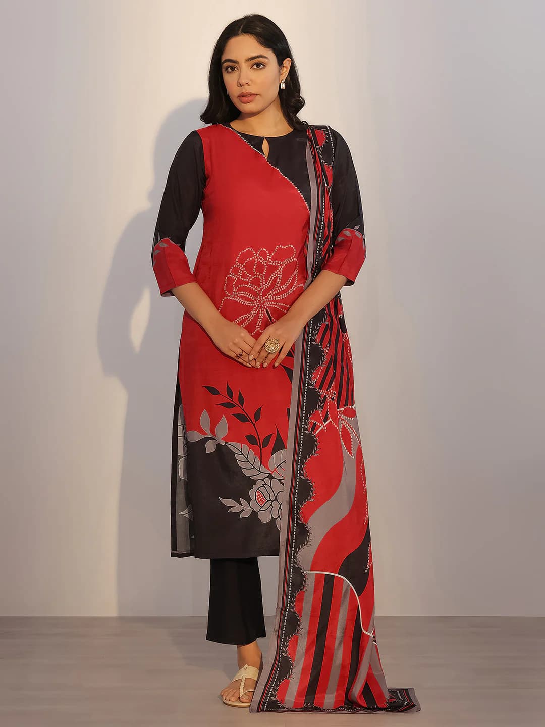 Women's Red Color Floral Bandhani Printed Straight Kurta With Solid Trouser and Printed Dupatta