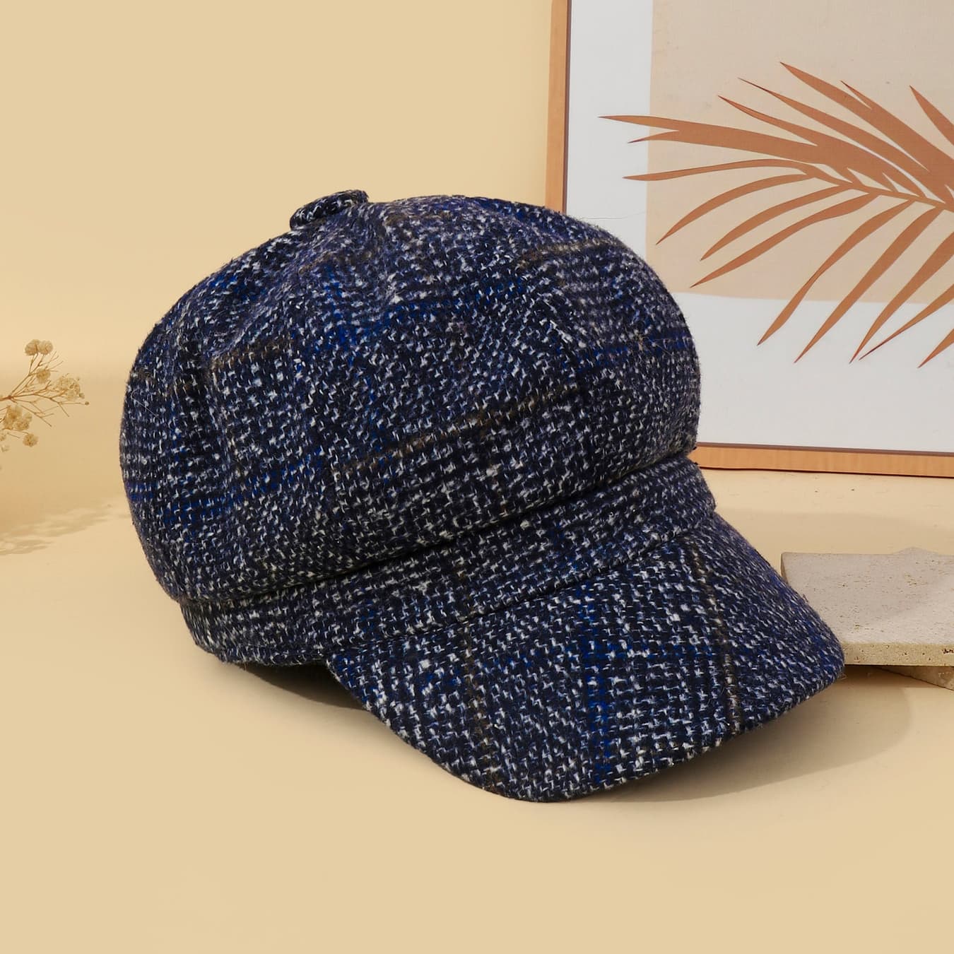 Women's Blue Vintage Grid Baker Boy Cap