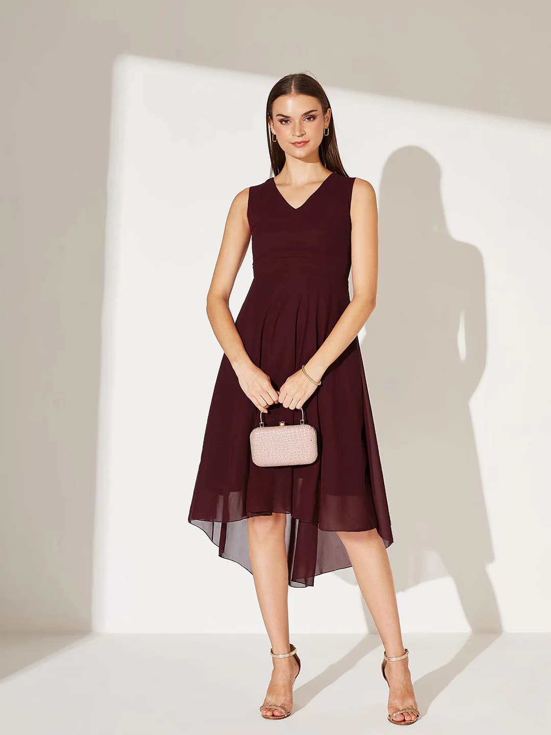 Women's Red Party Sleeveless Solid Fit & Flared Dress