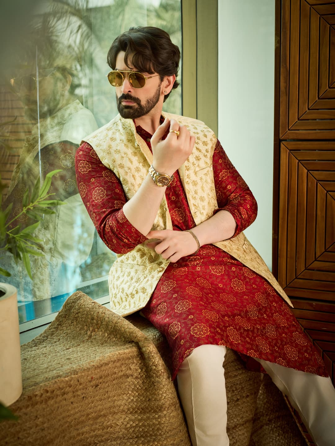 Men's Silk Blend Red Kurta & Off White Pyjama with Beige Nehru Jacket