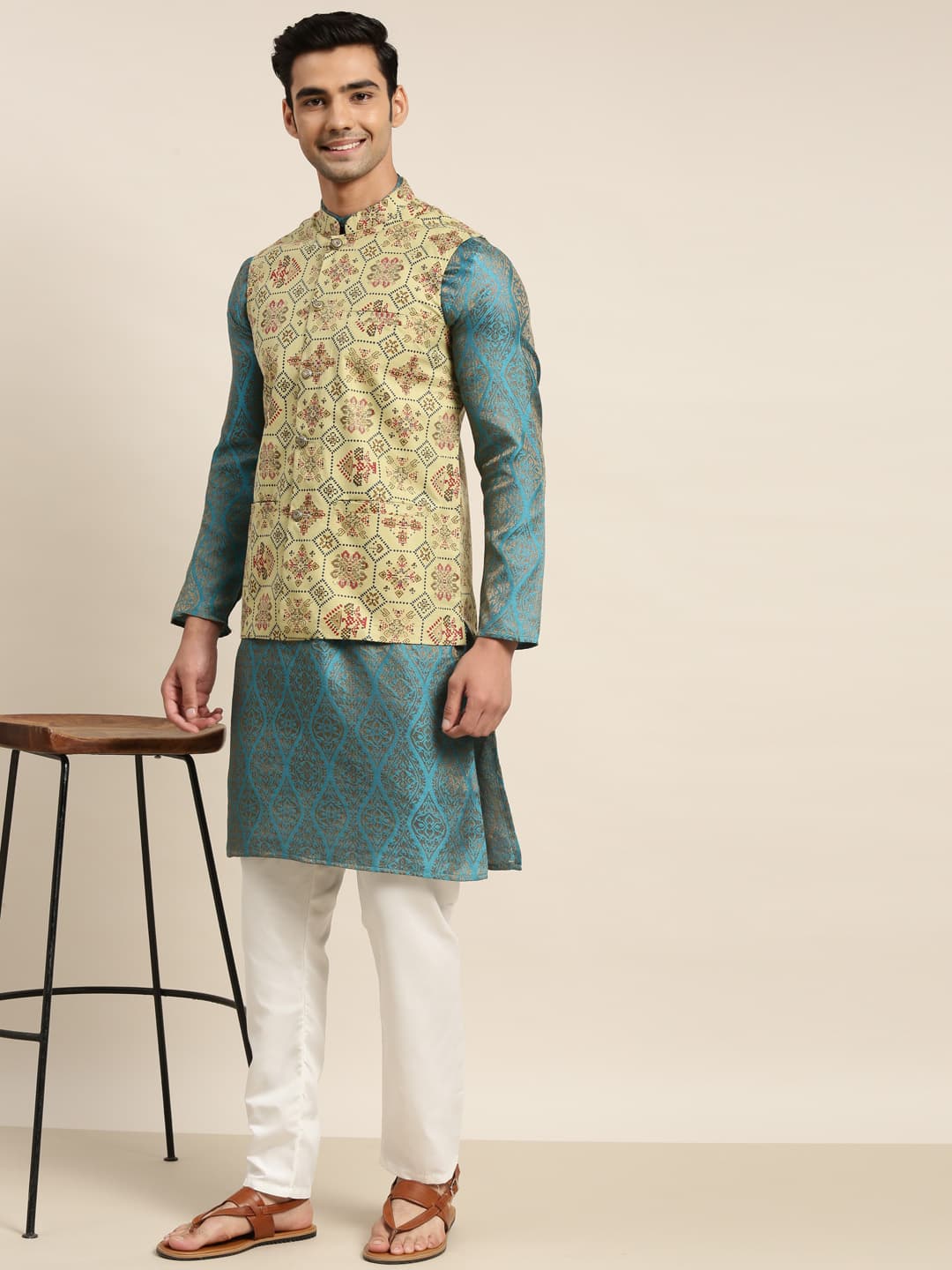 Men's Silk Blend Teal Blue Kurta & Off White Pyjama with Pista Nehru Jacket