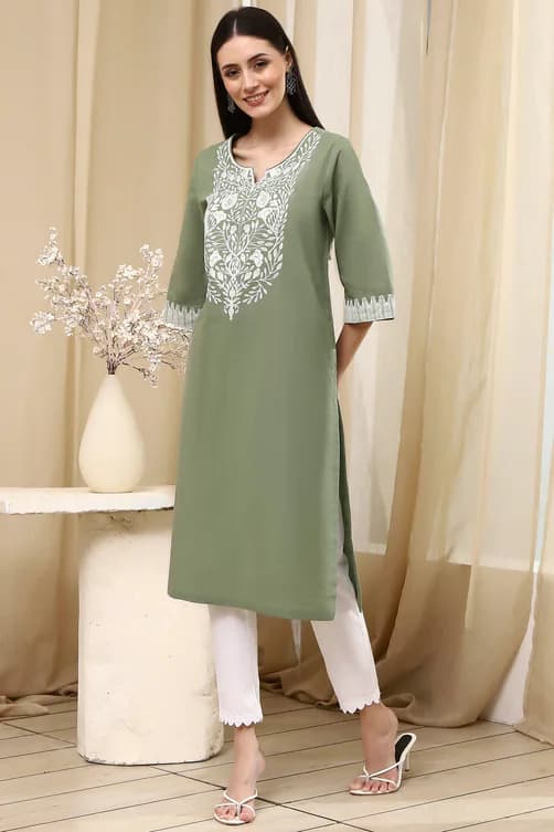 Women's Green Cotton Dyed Straight Kurta