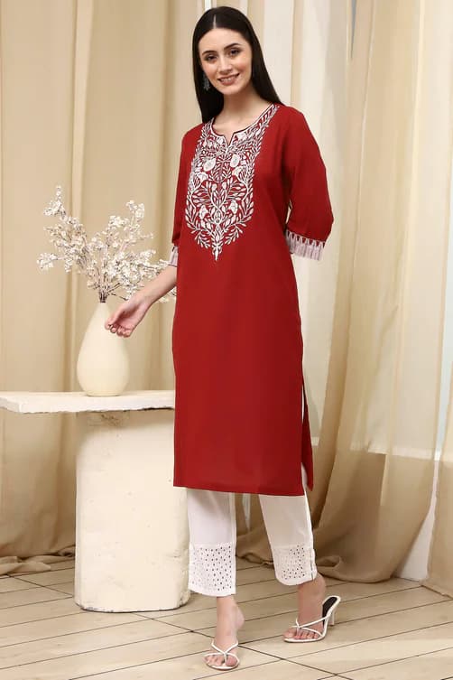 Women's Red Cotton Dyed Straight Kurta