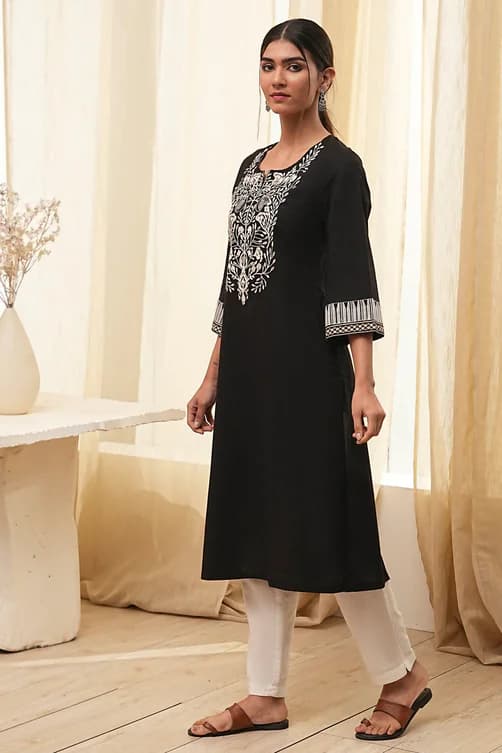 Women's Black Pure Cotton Embroidered Straight Kurta