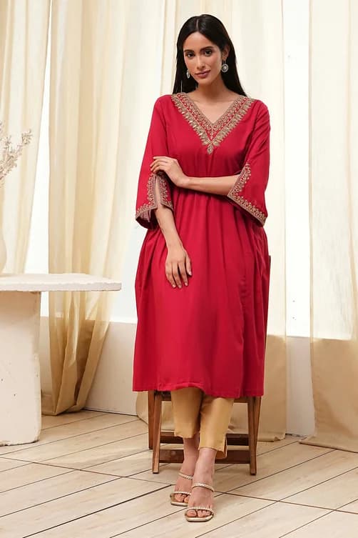 Women's Red Cotton Solid A-Line Kurta