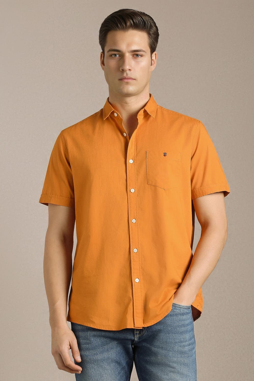 Men's Orange Casual Slim Fit Half Sleeves Shirt