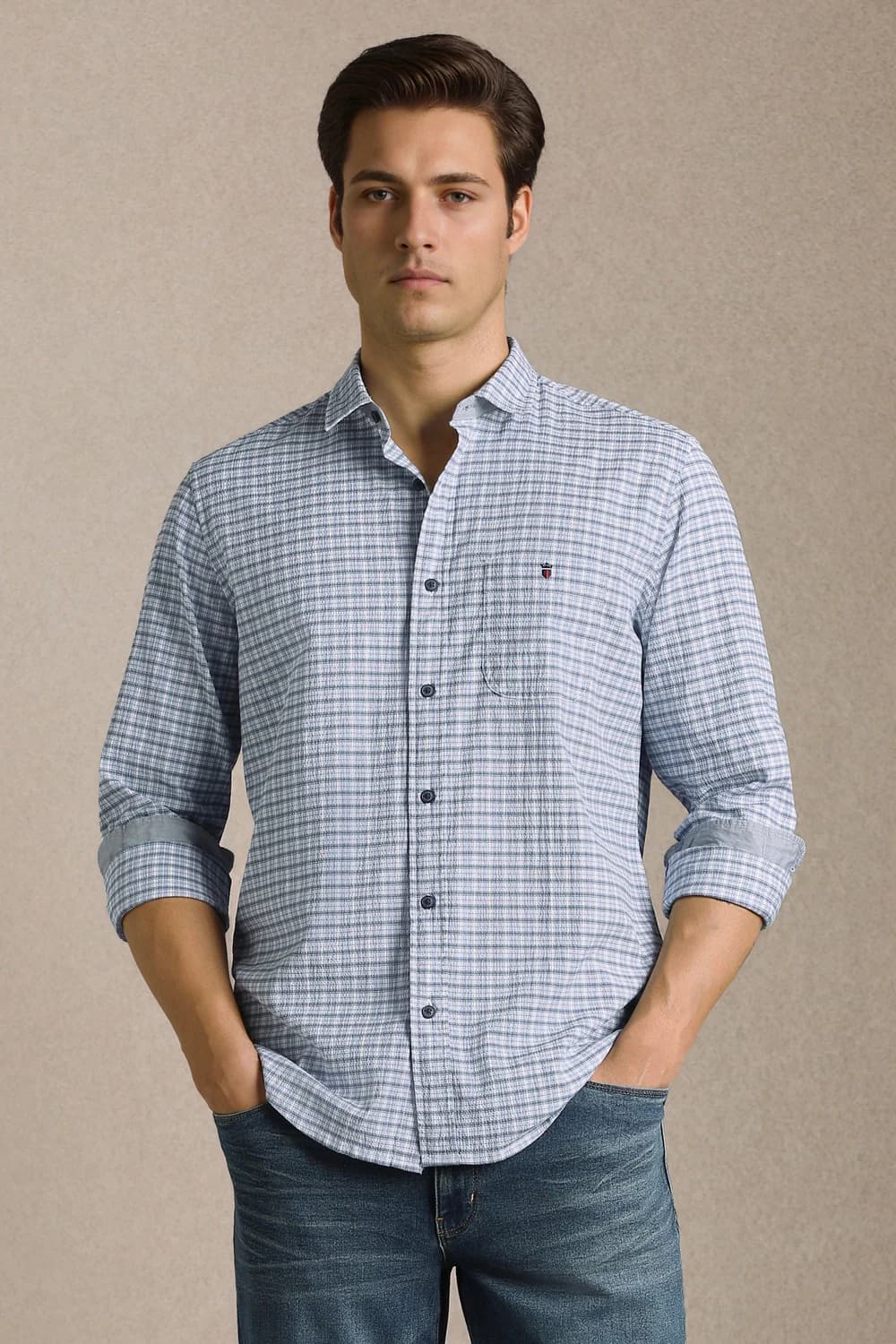 Men's Blue Casual Slim Fit Full Sleeves Cotton Shirt