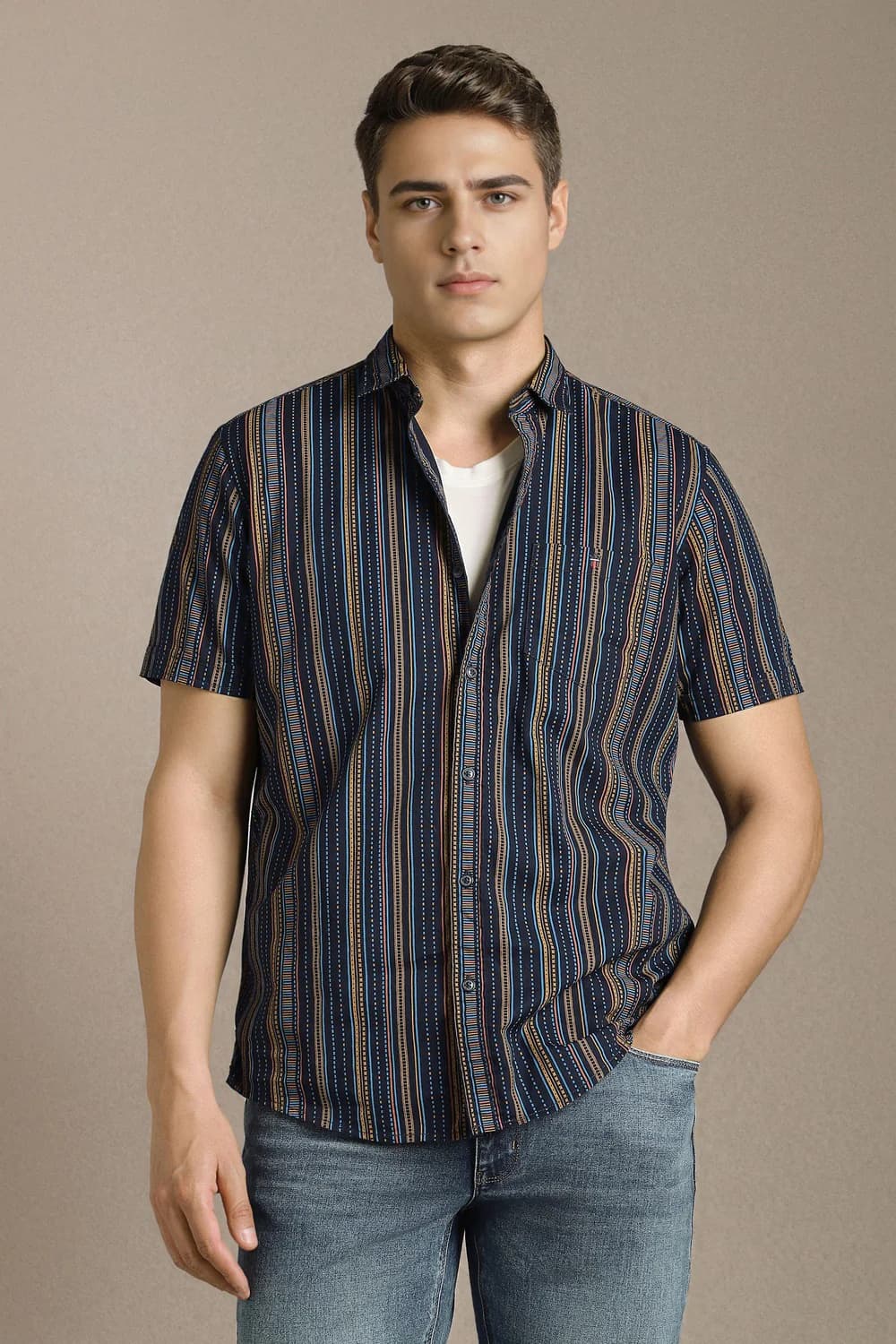 Men's Navy Casual Slim Fit Half Sleeves Cotton Shirt