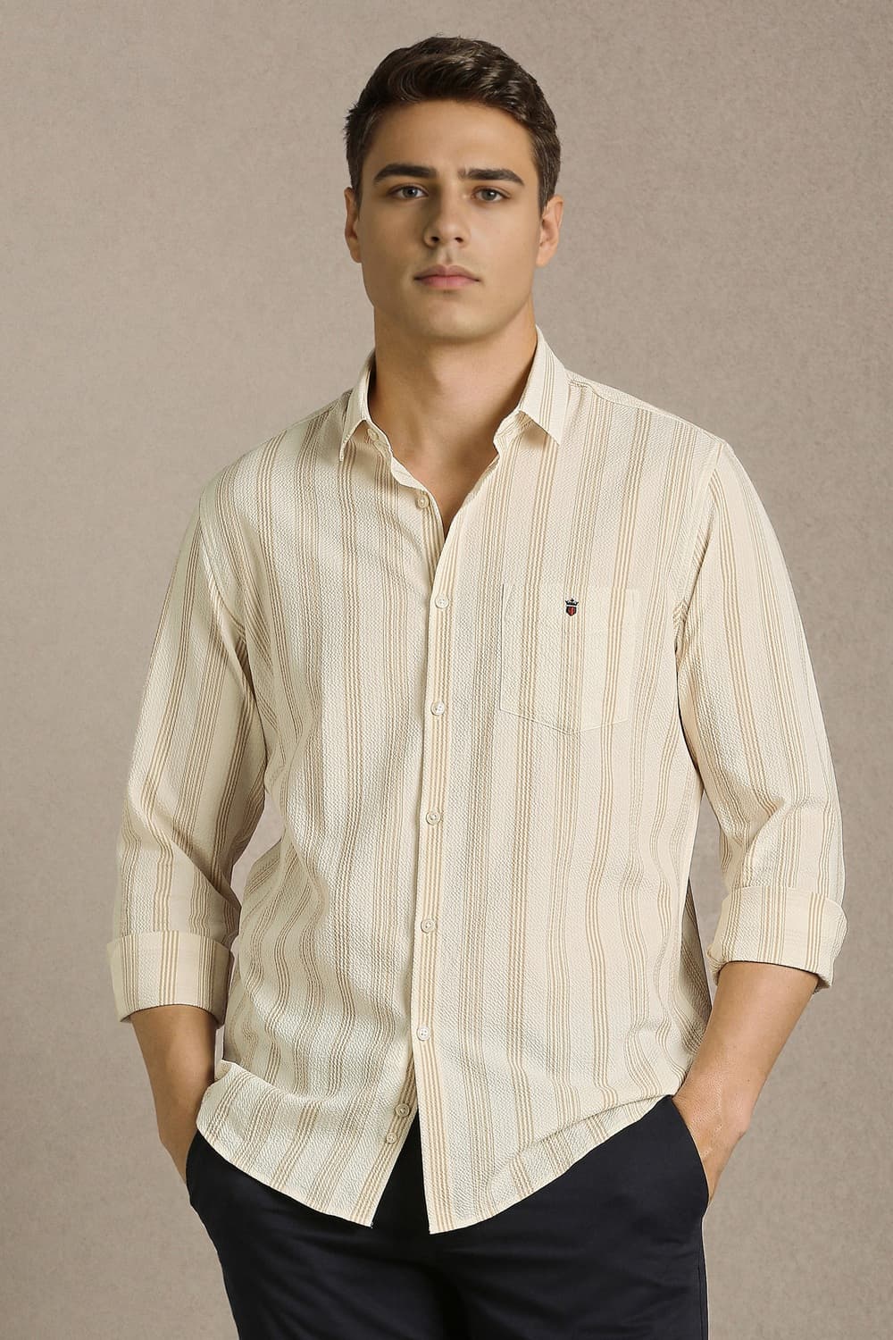 Men's Beige Casual Slim Fit Full Sleeves Cotton Shirt