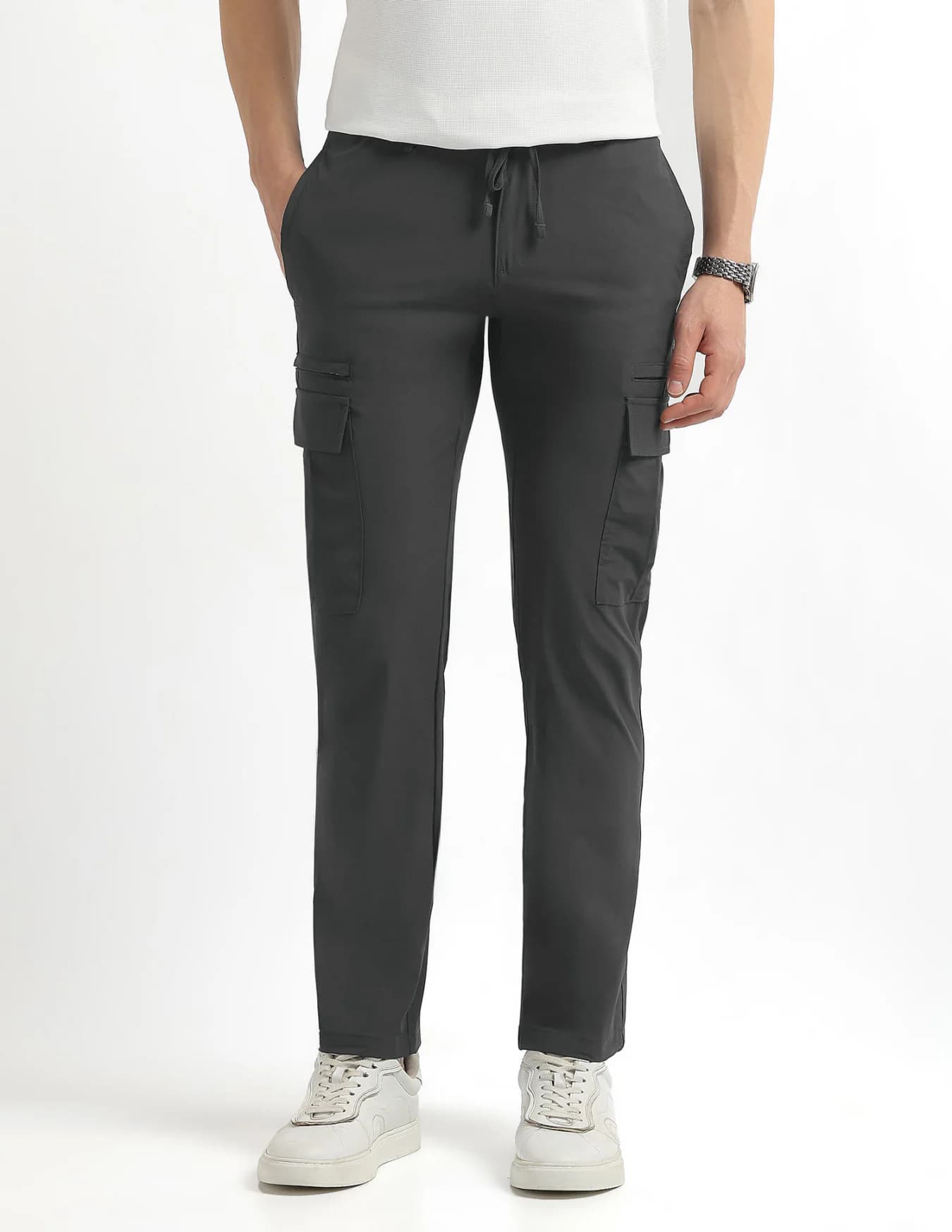 Men's Grey Casual Straight Fit Mid Rise Cargos