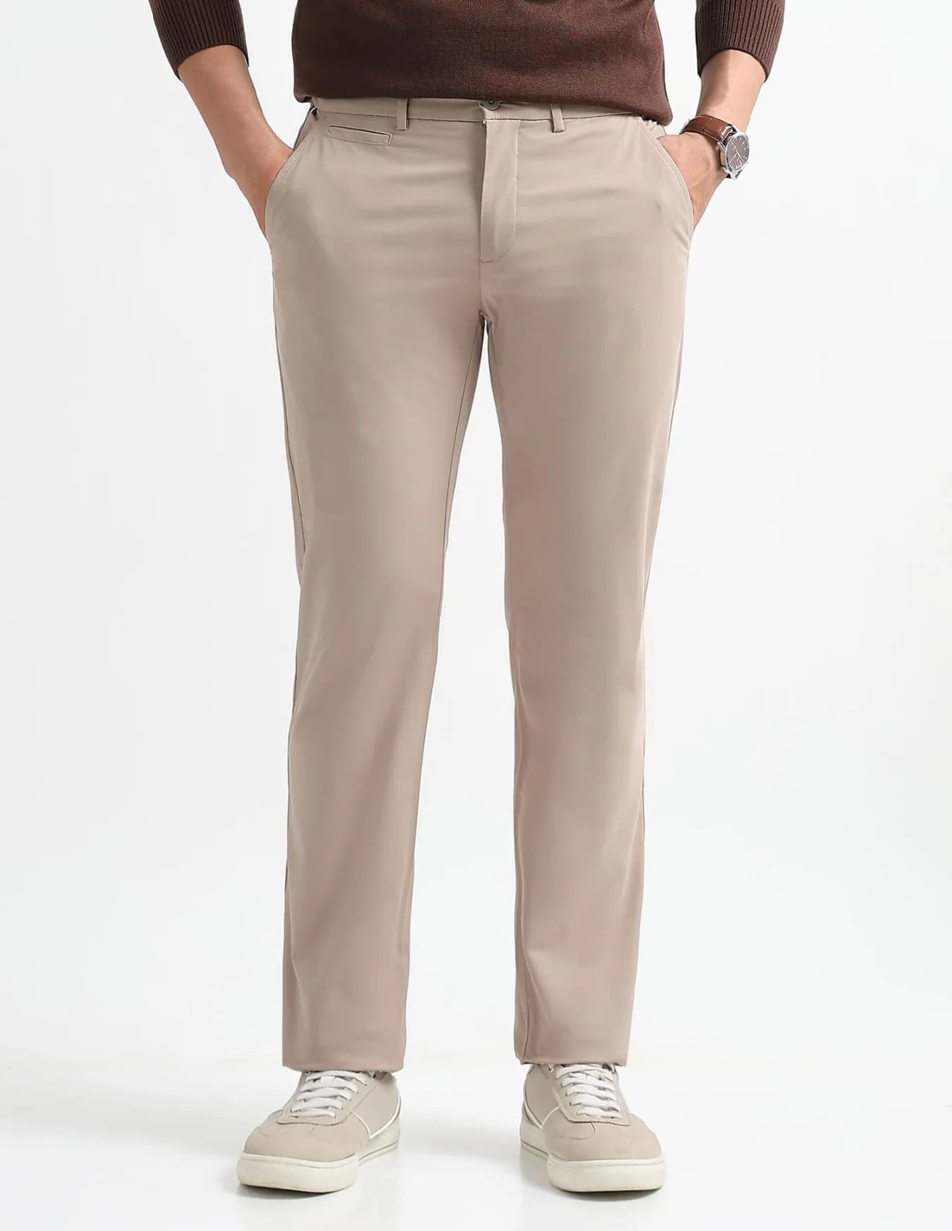 Men's Beige Casual Straight Fit Mid Rise Trouser