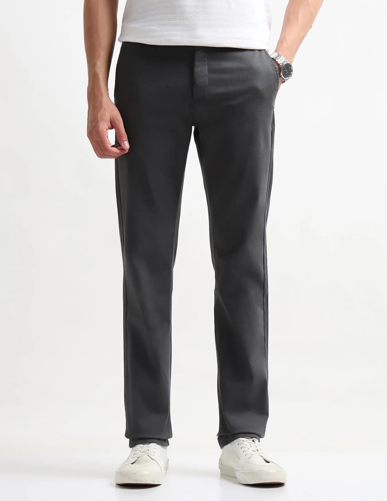 Men's Grey Casual Straight Fit Mid Rise Trouser