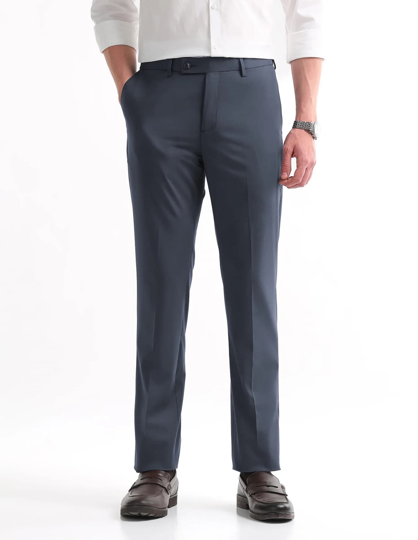 Men's Blue Formal Straight Fit Mid Rise Trouser