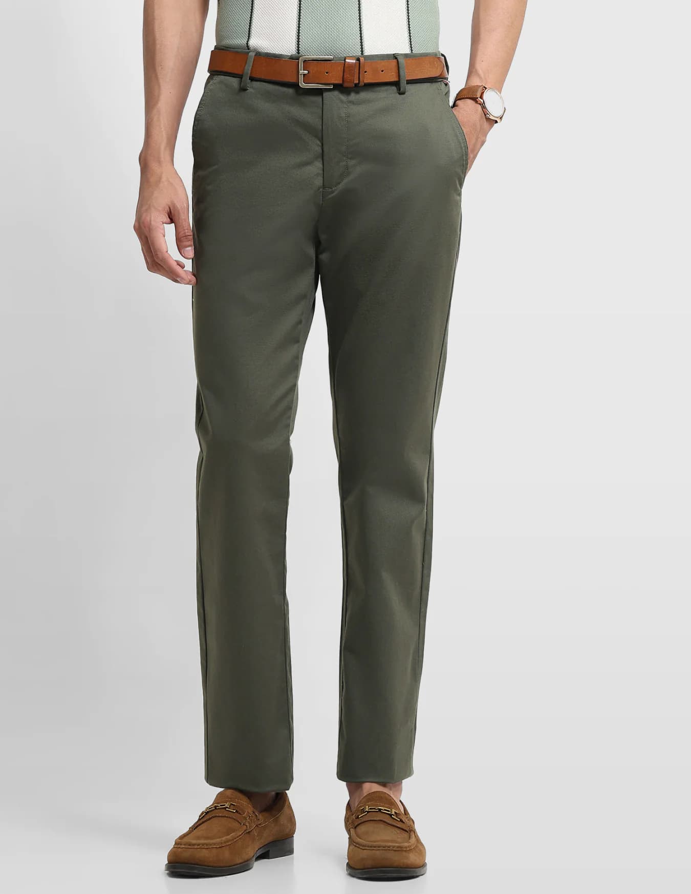 Men's Green Casual Straight Fit Mid Rise Trouser