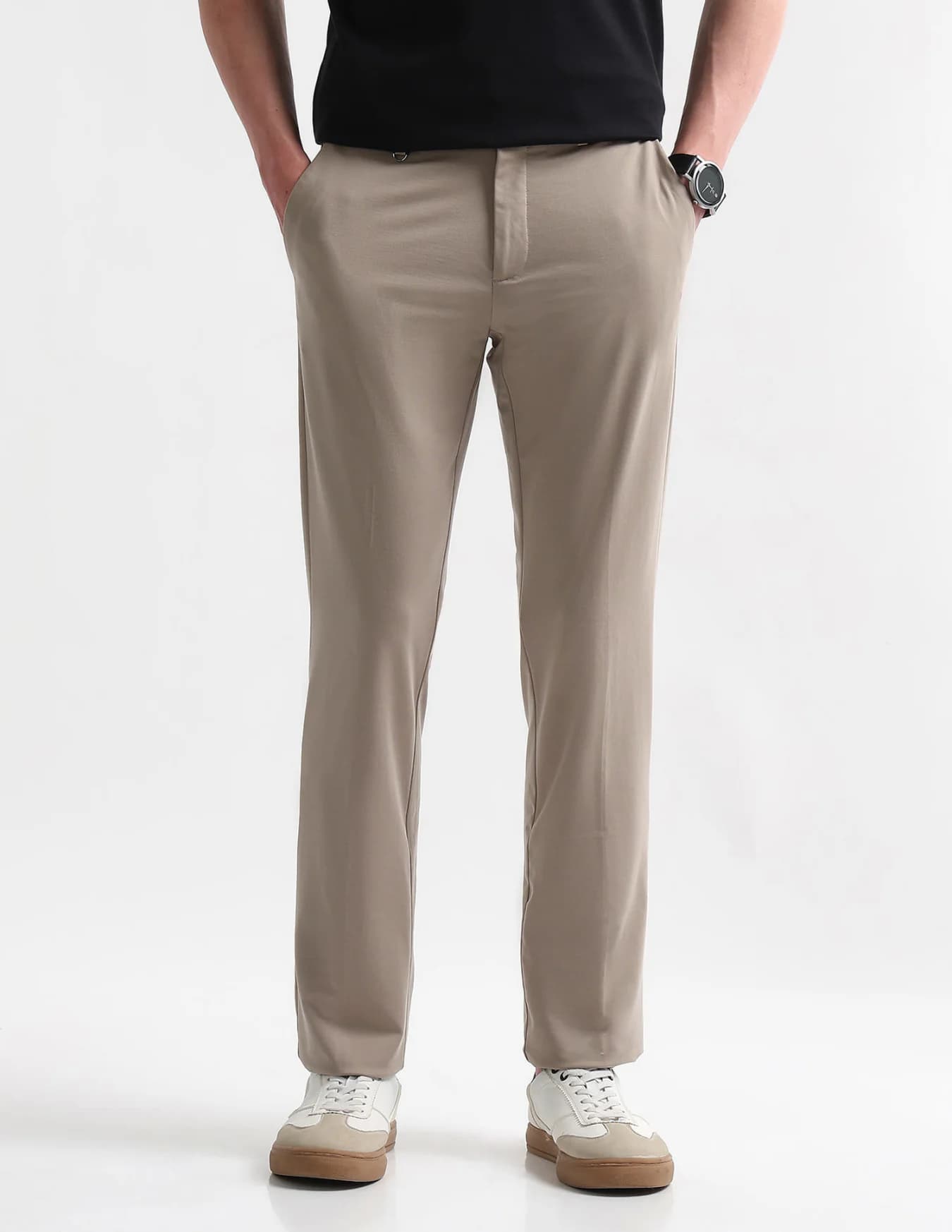 Men's Beige Casual Tapered Fit Mid Rise Trouser