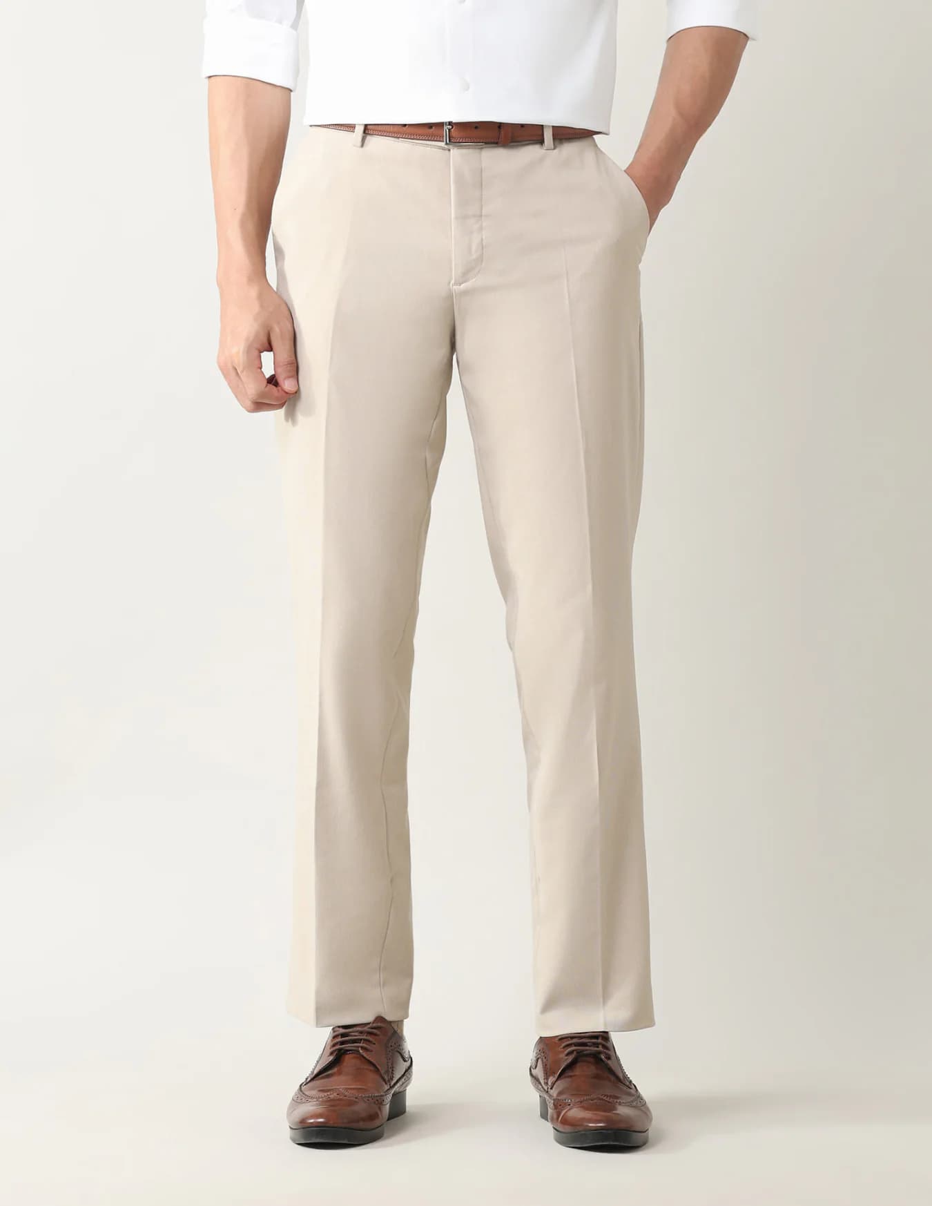 Men's Beige Formal Straight Fit Mid Rise Trouser