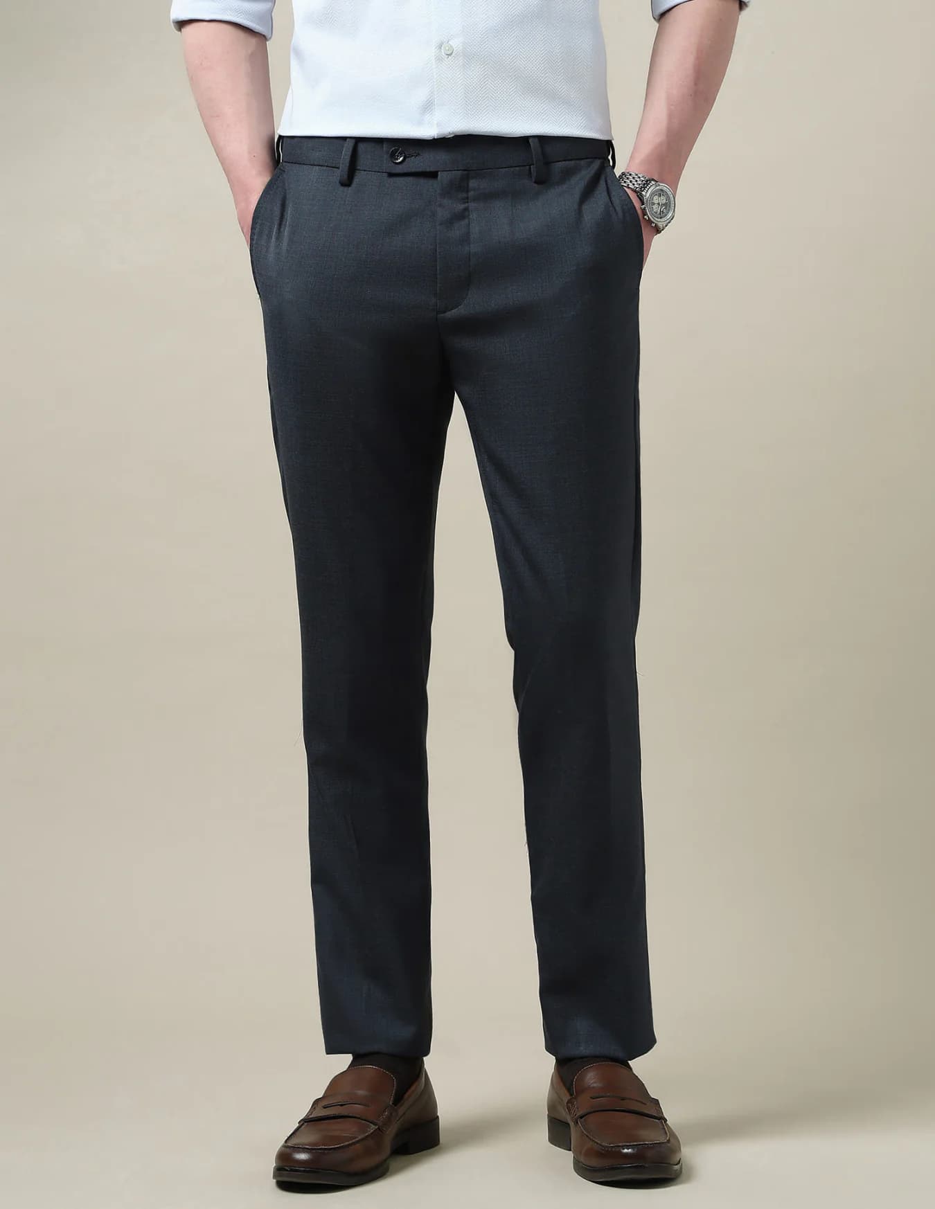 Men's Blue Formal Straight Fit Mid Rise Trouser