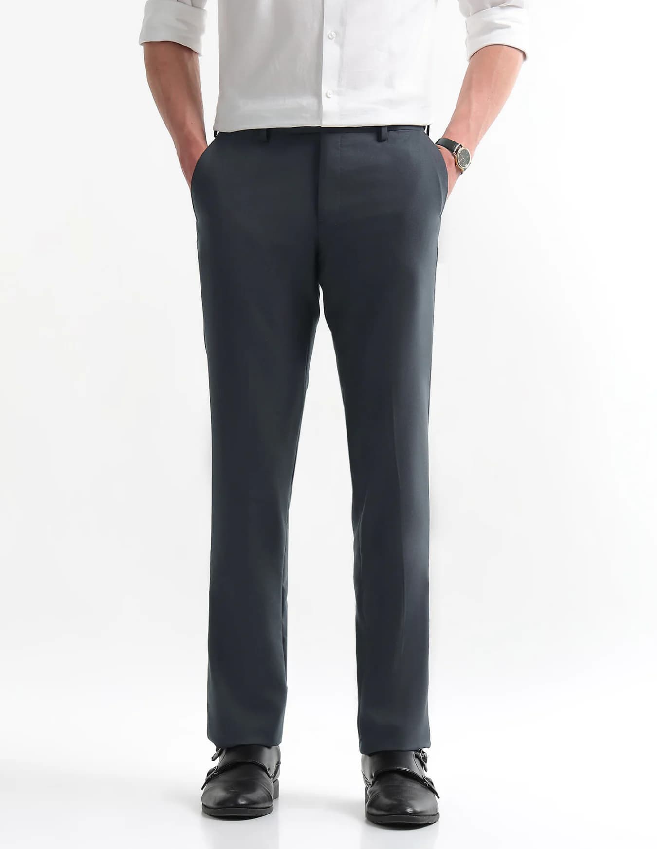 Men's Grey Formal Straight Fit Mid Rise Trouser