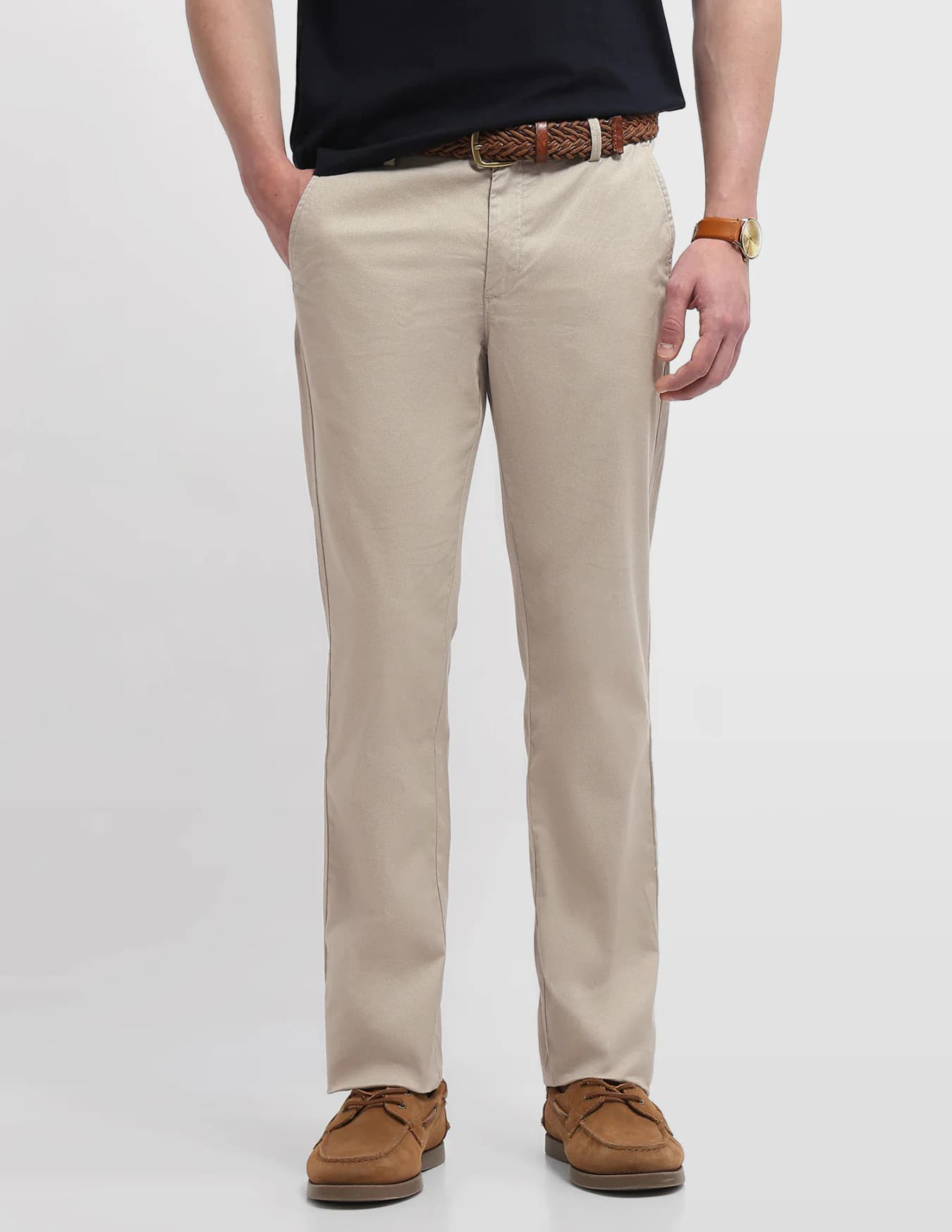 Men's Beige Casual Straight Fit Mid Rise Trouser