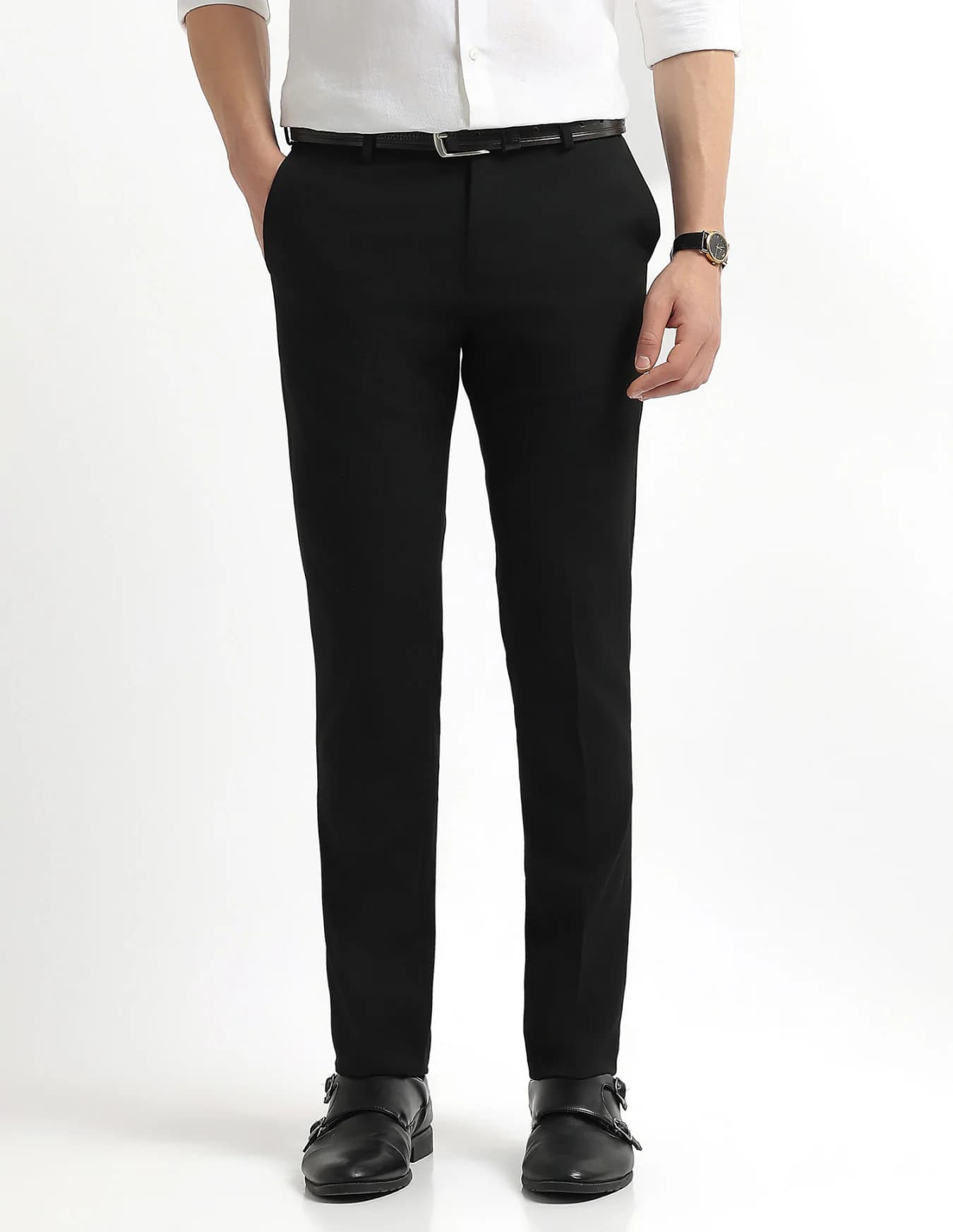 Men's Black Formal Straight Fit Mid Rise Trouser