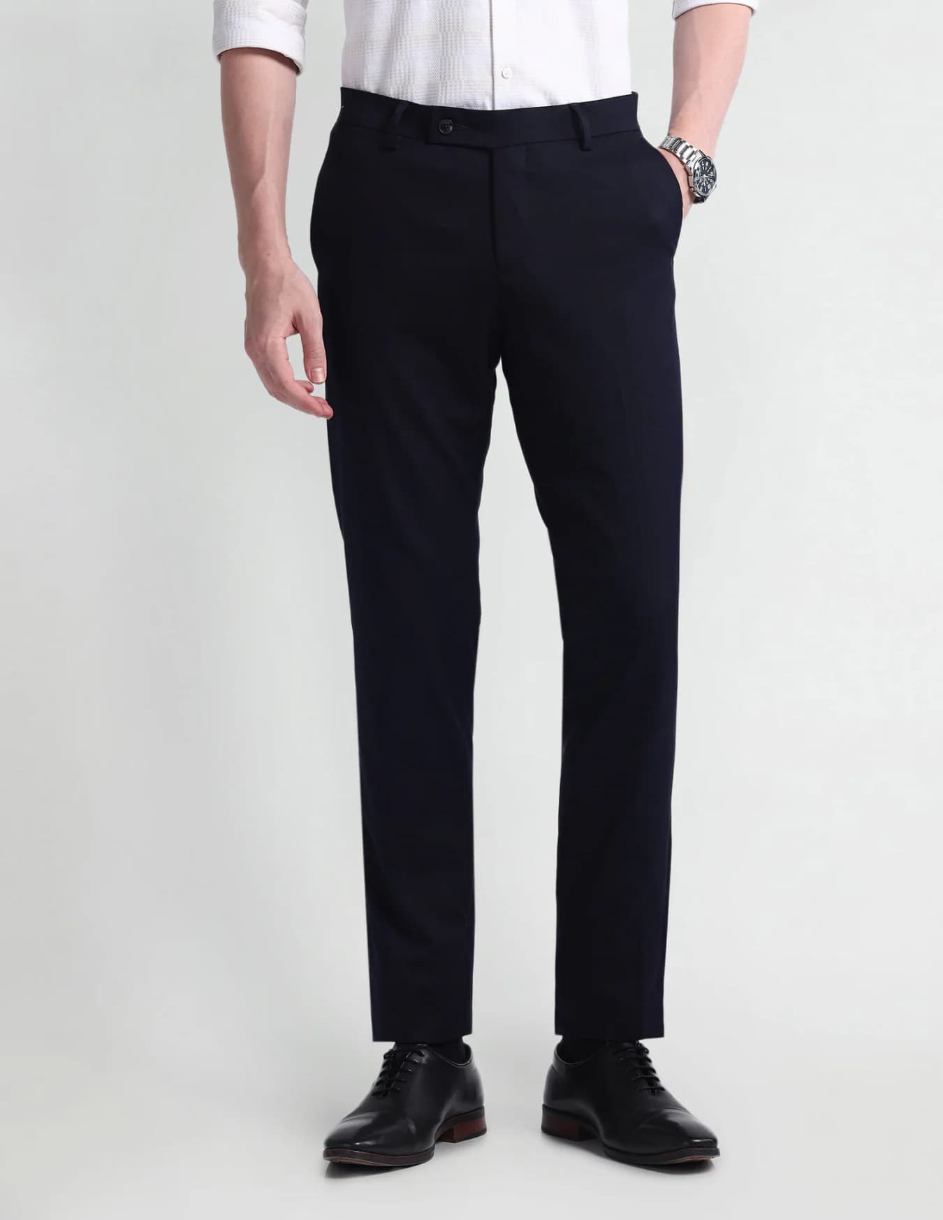 Men's Blue Formal Straight Fit Mid Rise Trouser