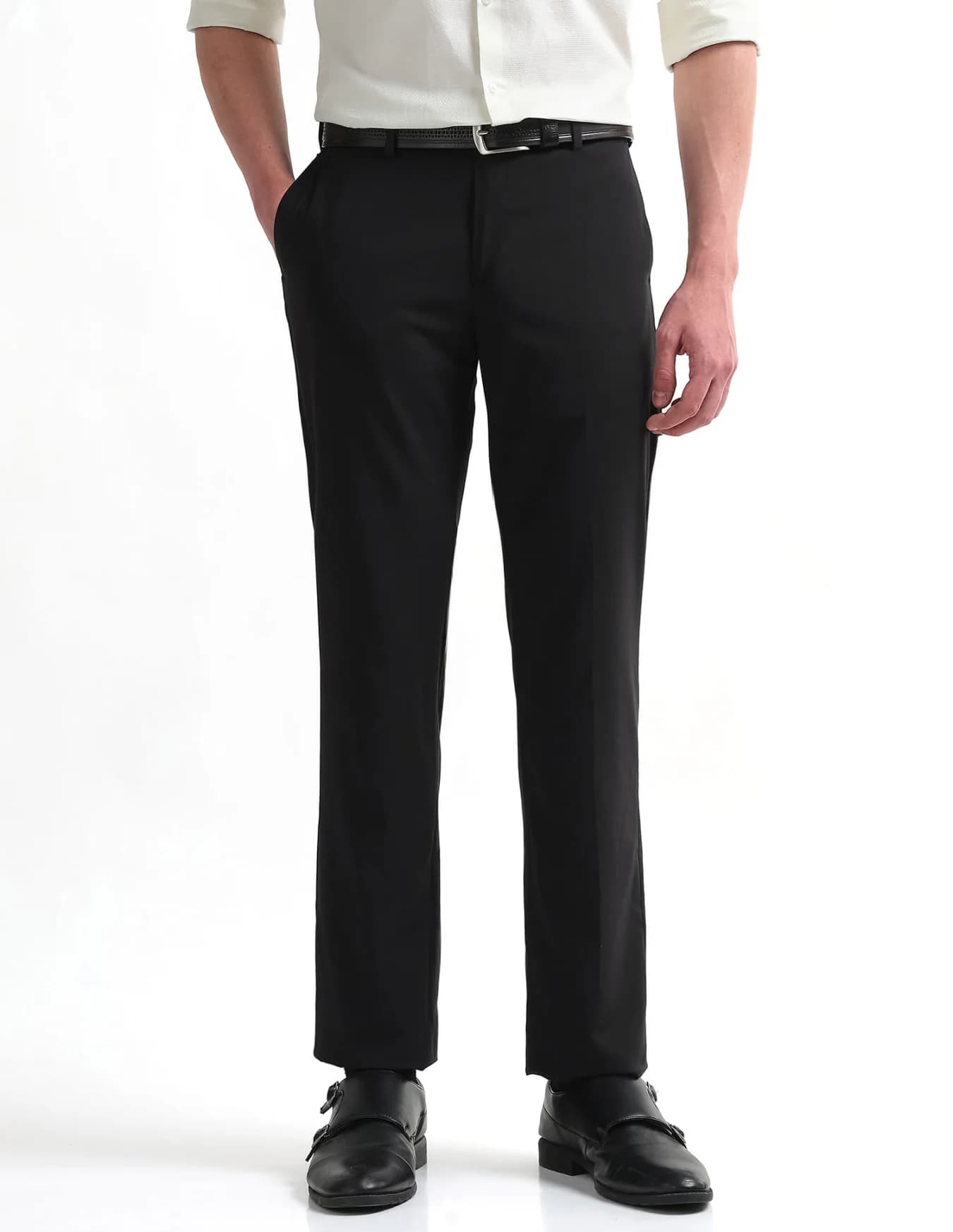 Men's Black Formal Straight Fit Mid Rise Trouser
