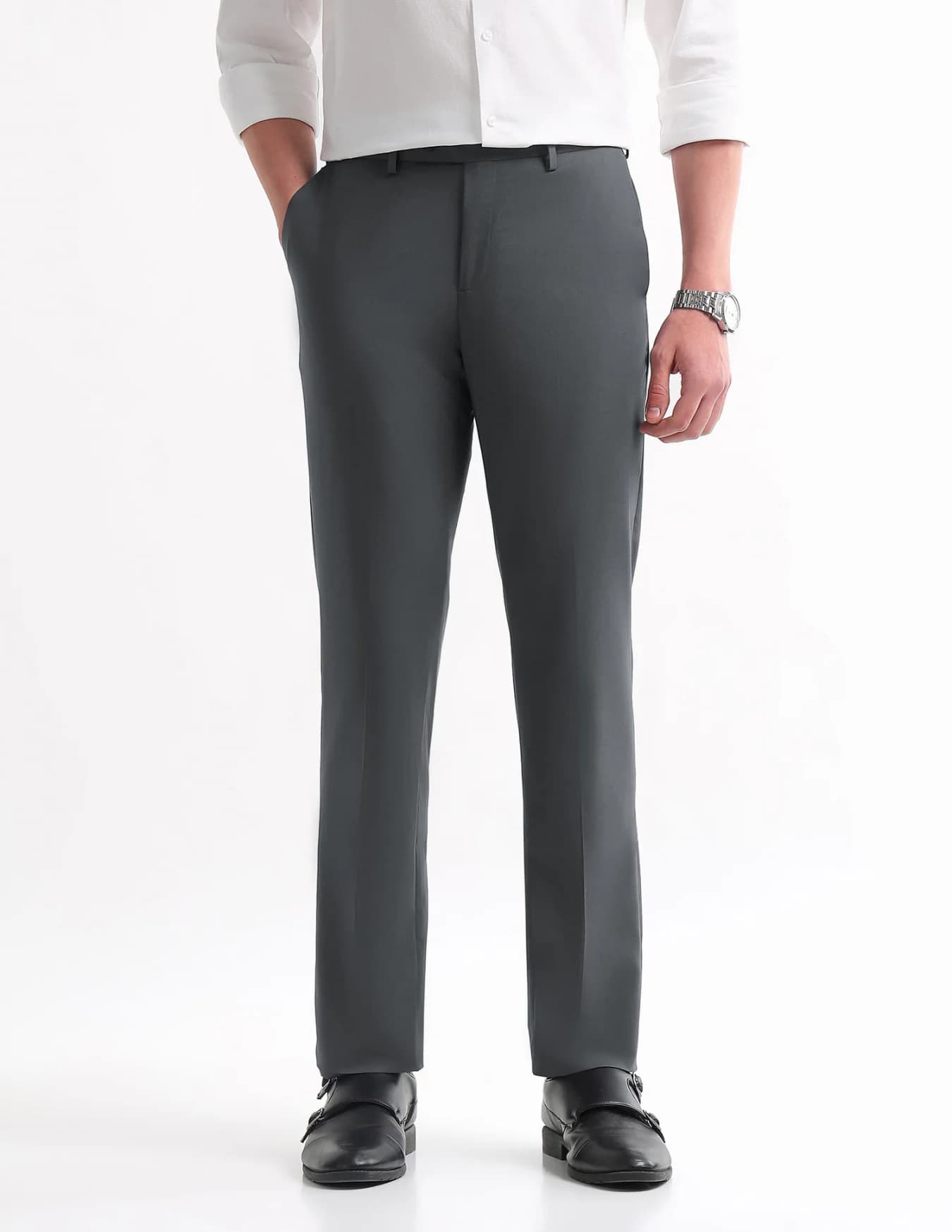 Men's Grey Formal Straight Fit Mid Rise Trouser