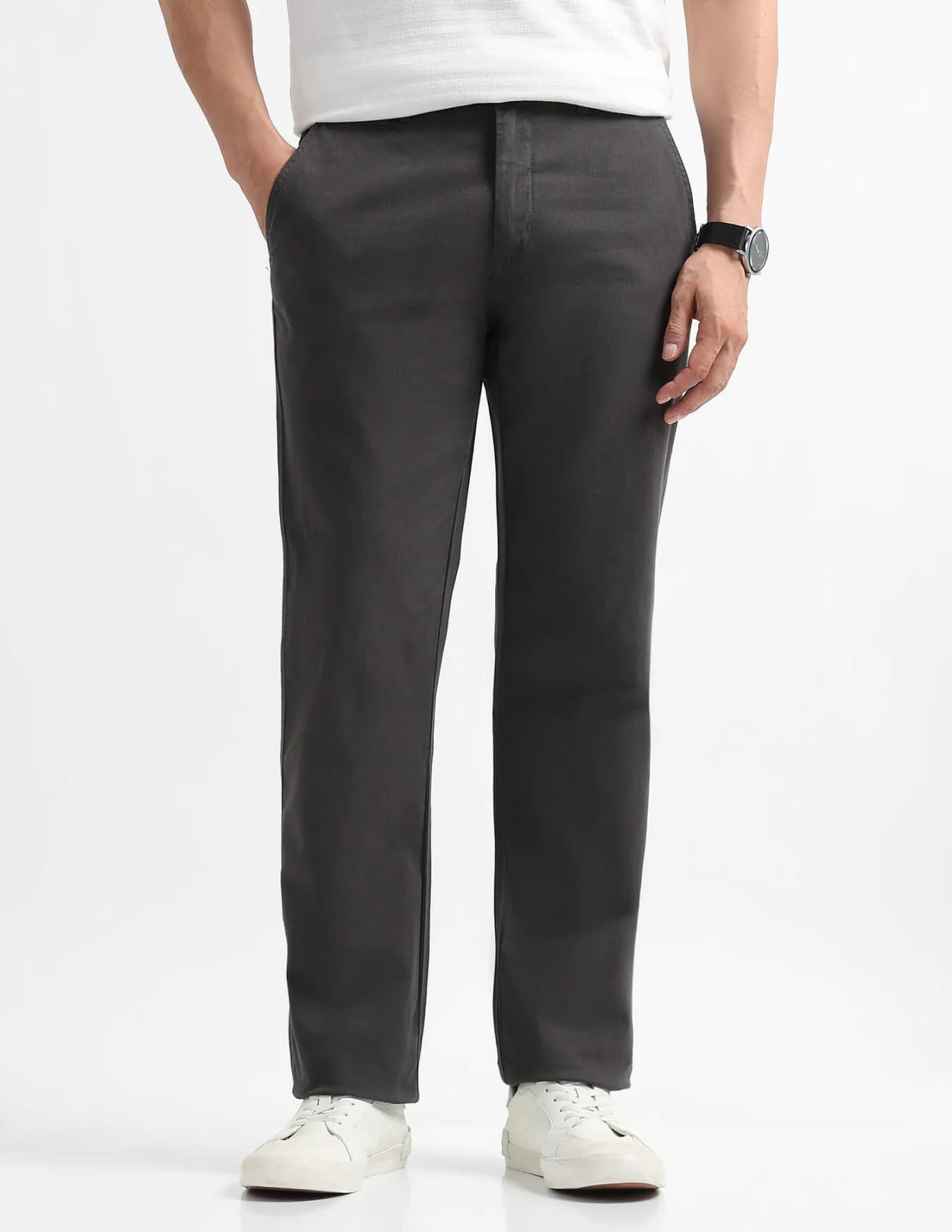 Men's Grey Casual Straight Fit Mid Rise Trouser