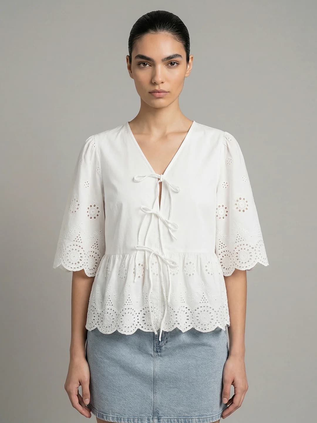 Women's White Casual Half Sleeves Regular Fit Self-Design Tops