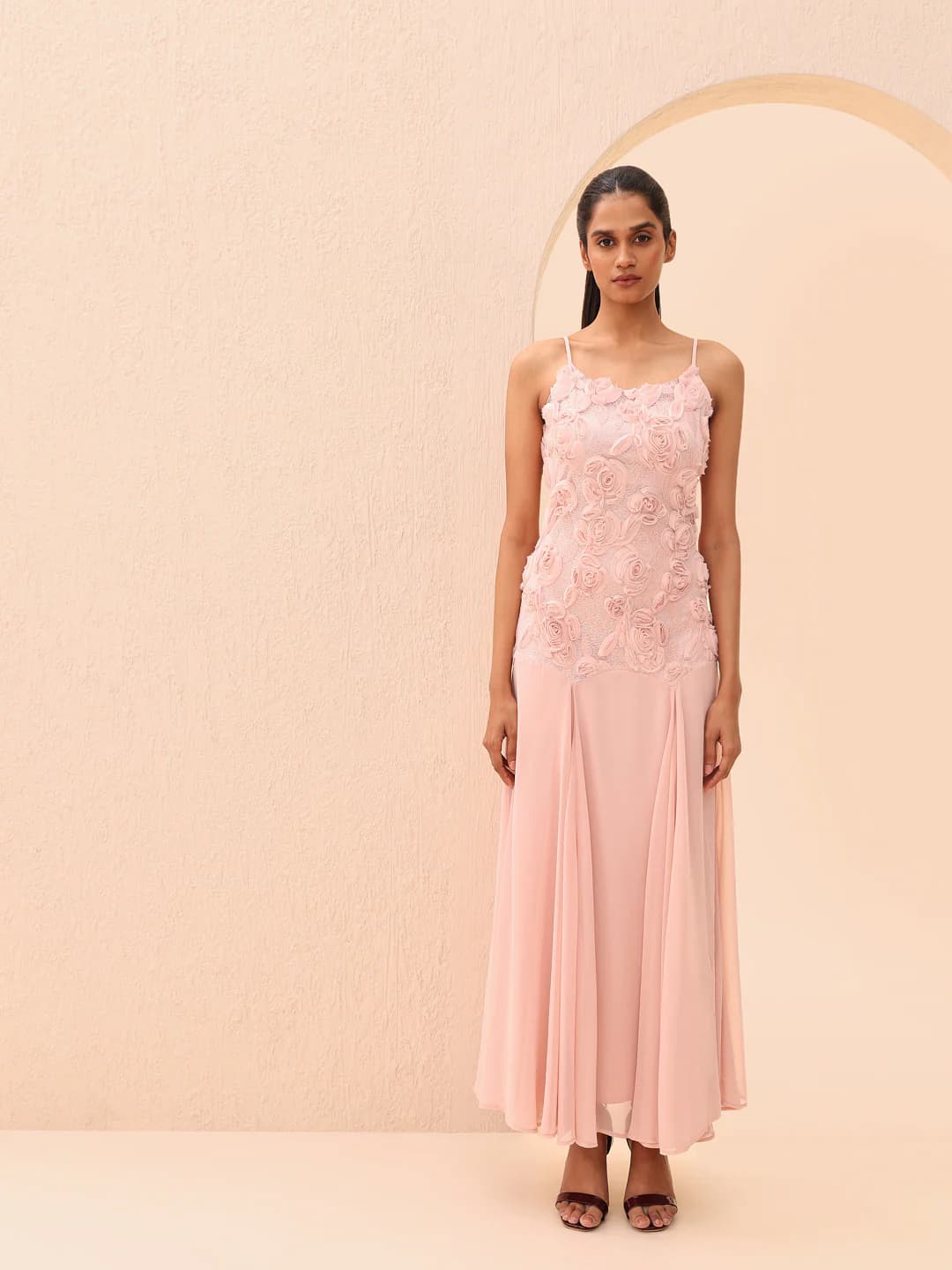 Women's Pink Party Sleeveless Maxi Self-Design Dress