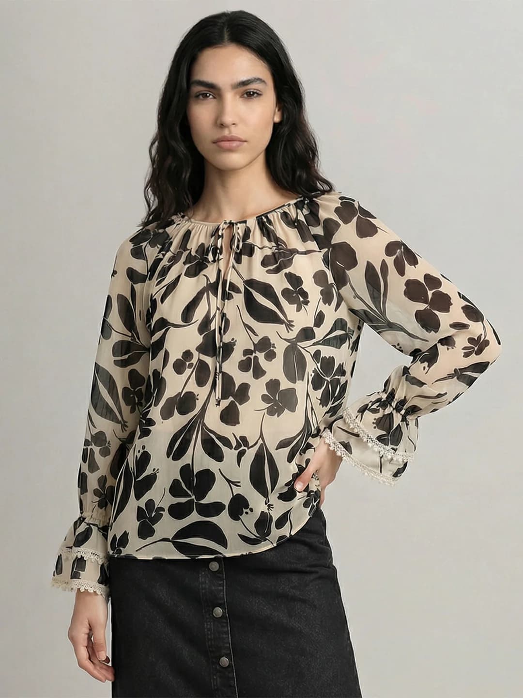 Women's Off White Casual Full Sleeves Regular Fit Floral Printed Tops