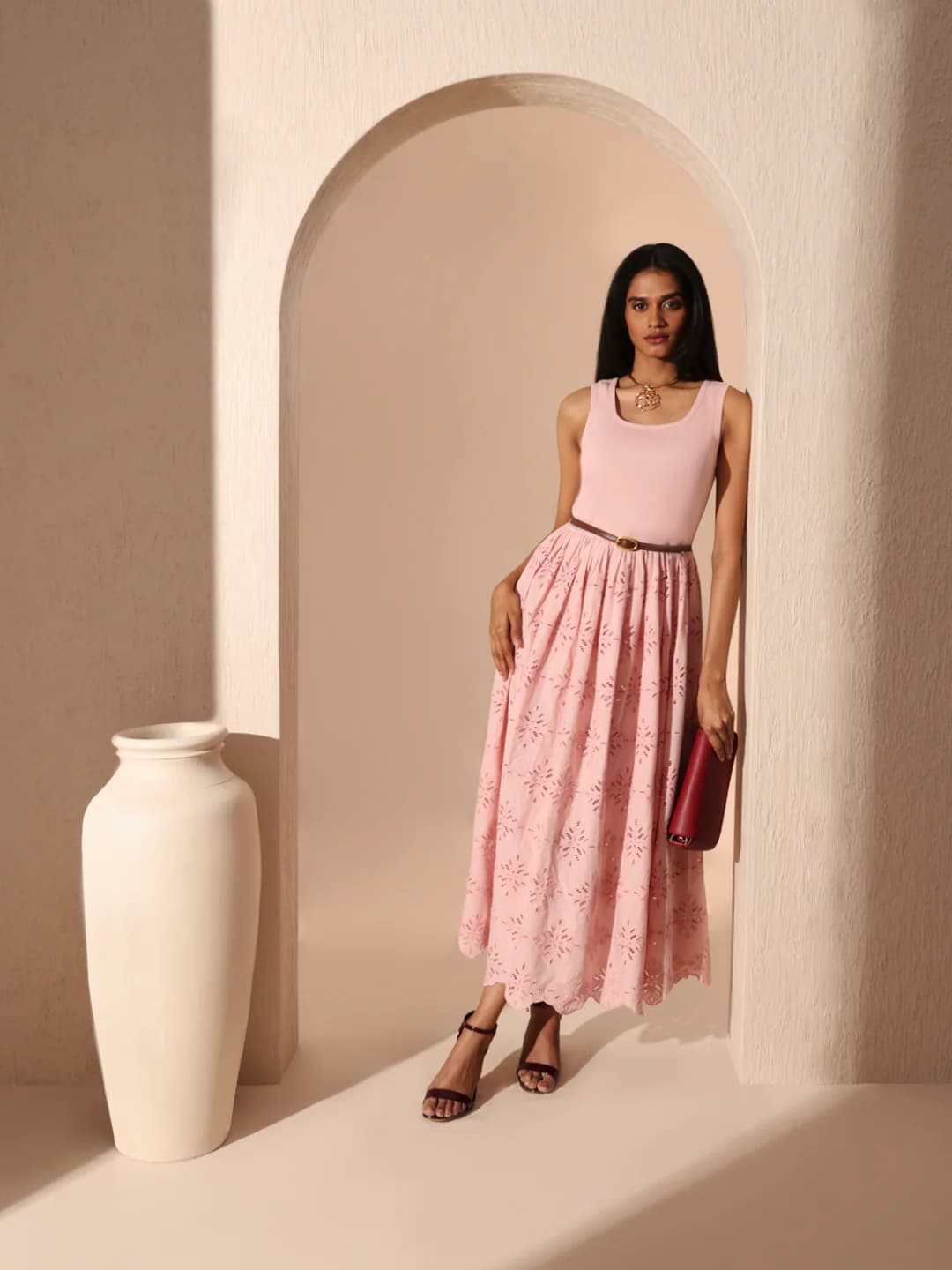 Women's Pink Casual Sleeveless Fit & Flared Self-Design Dress