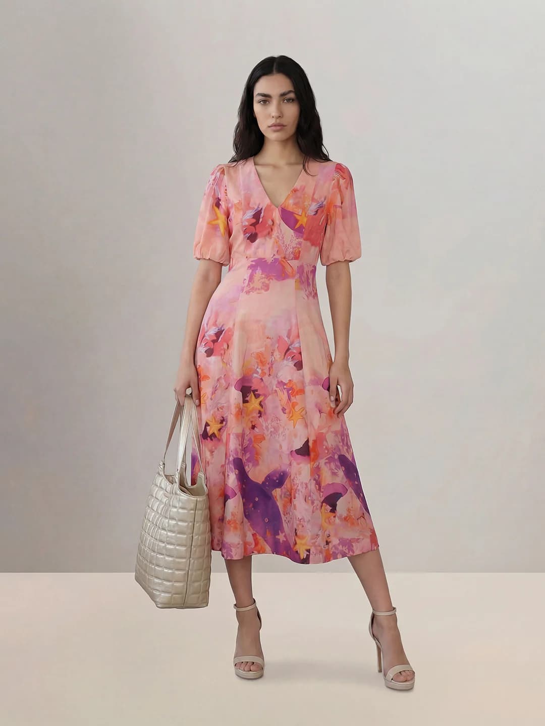Women's Pink Casual Half Sleeves Fit & Flared Floral Printed Dress