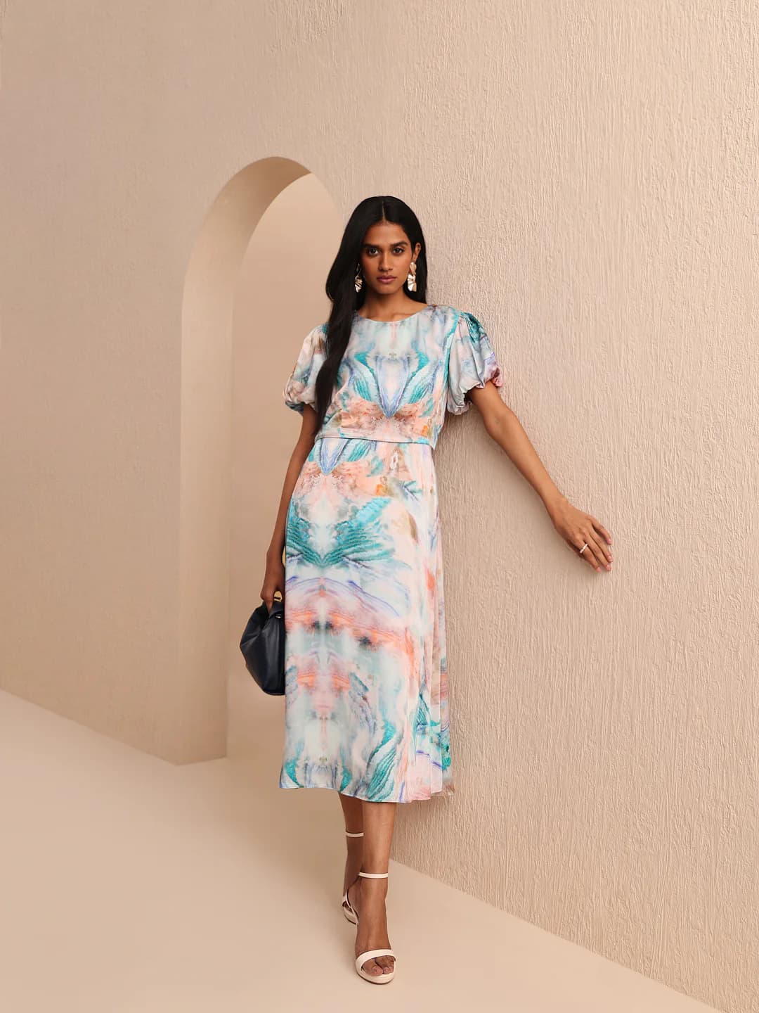 Women's Blue Casual Half Sleeves A-Line Abstract Dress