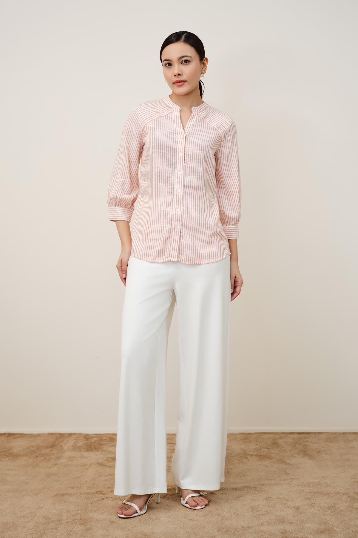Women's Orange Viscose Rayon Spread Collar Three-Quarter Sleeves Solid Shirt