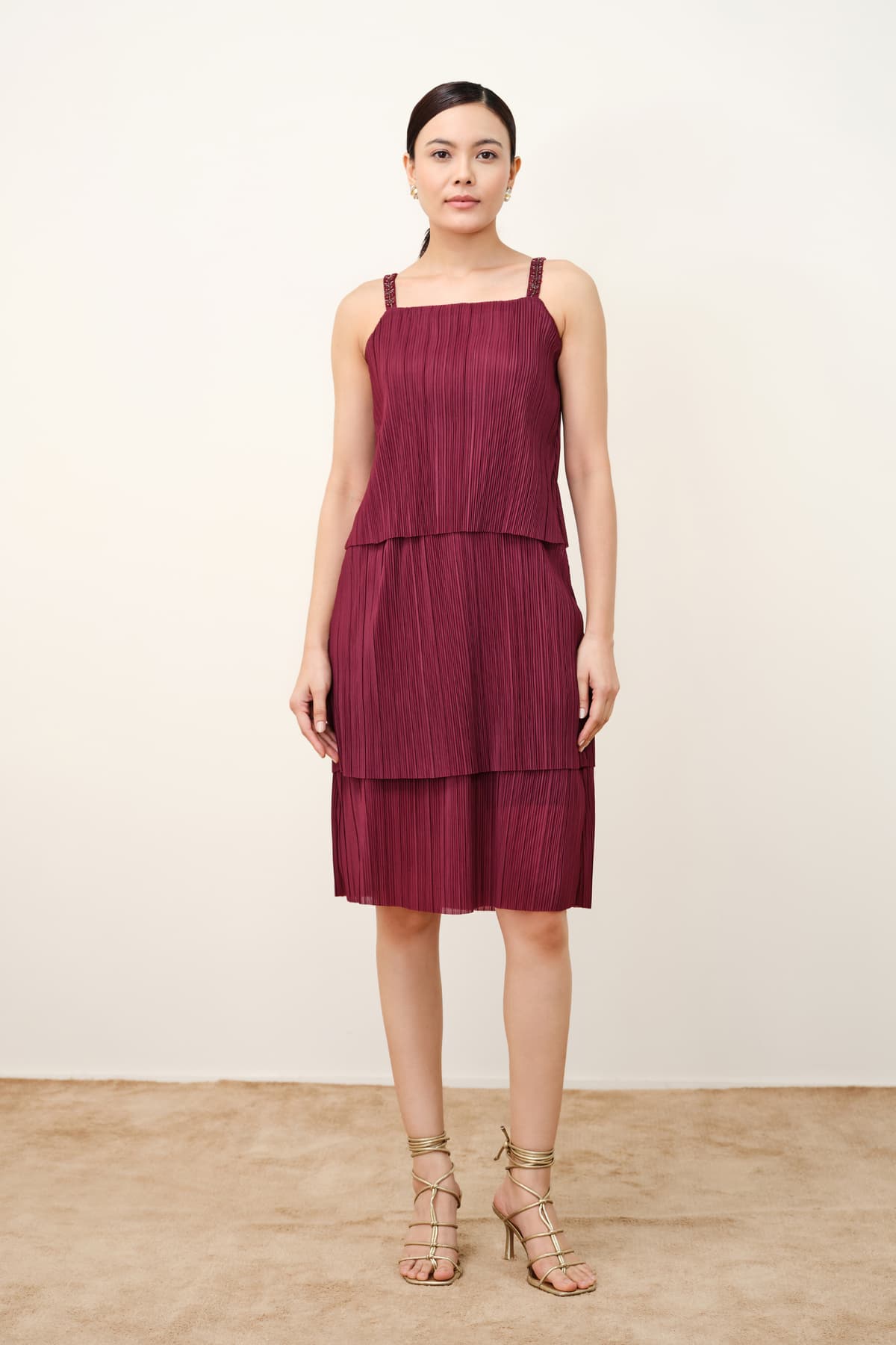 Women's Red Polyester Party Fit and Flare Shoulder Straps Solid Dress