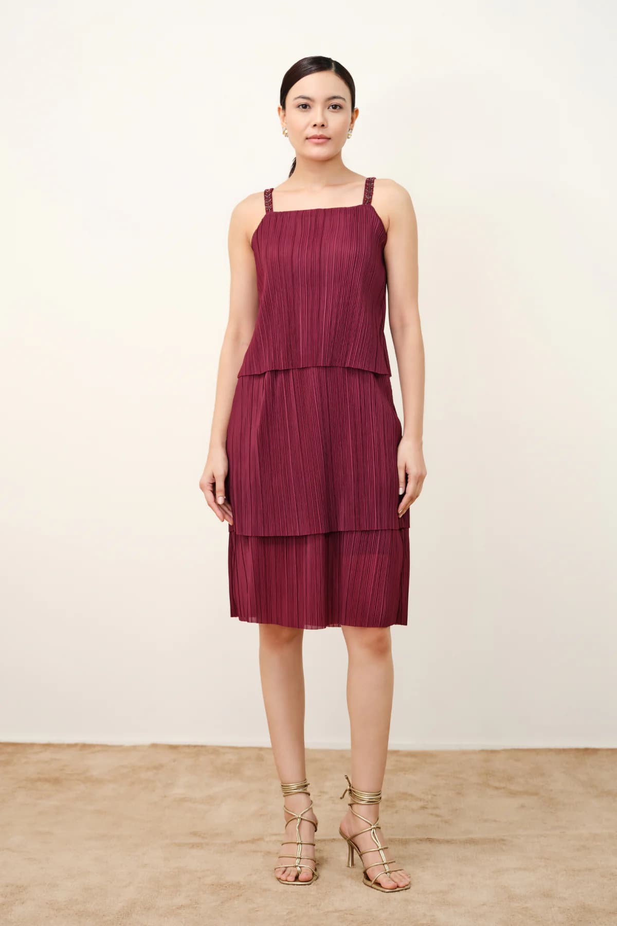 Women's Red Polyester Party Fit and Flare Shoulder Straps Solid Dress