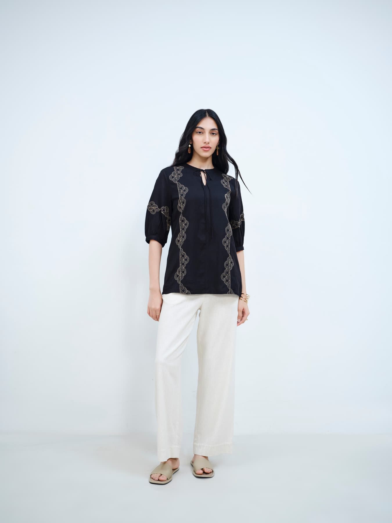 Women's Black Casual Embroidered Keyhole Neck Top