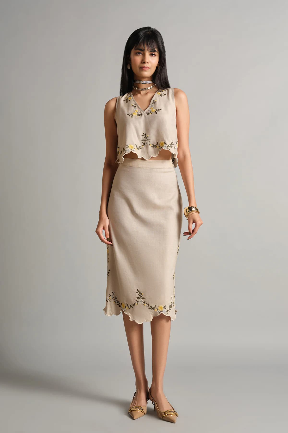 Women's Beige Casual Sleeveless Printed Co-Ord Set