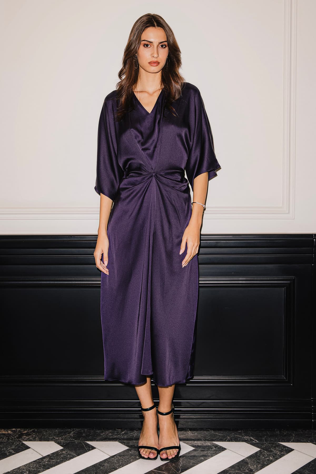 Women's Purple Casual Solid Three Quarter Sleeves Dress