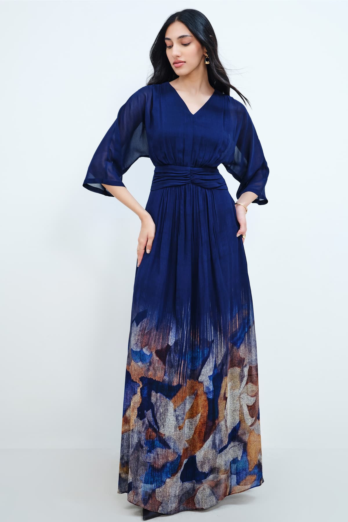 Women's Blue Casual Solid Three Quarter Sleeves Dress