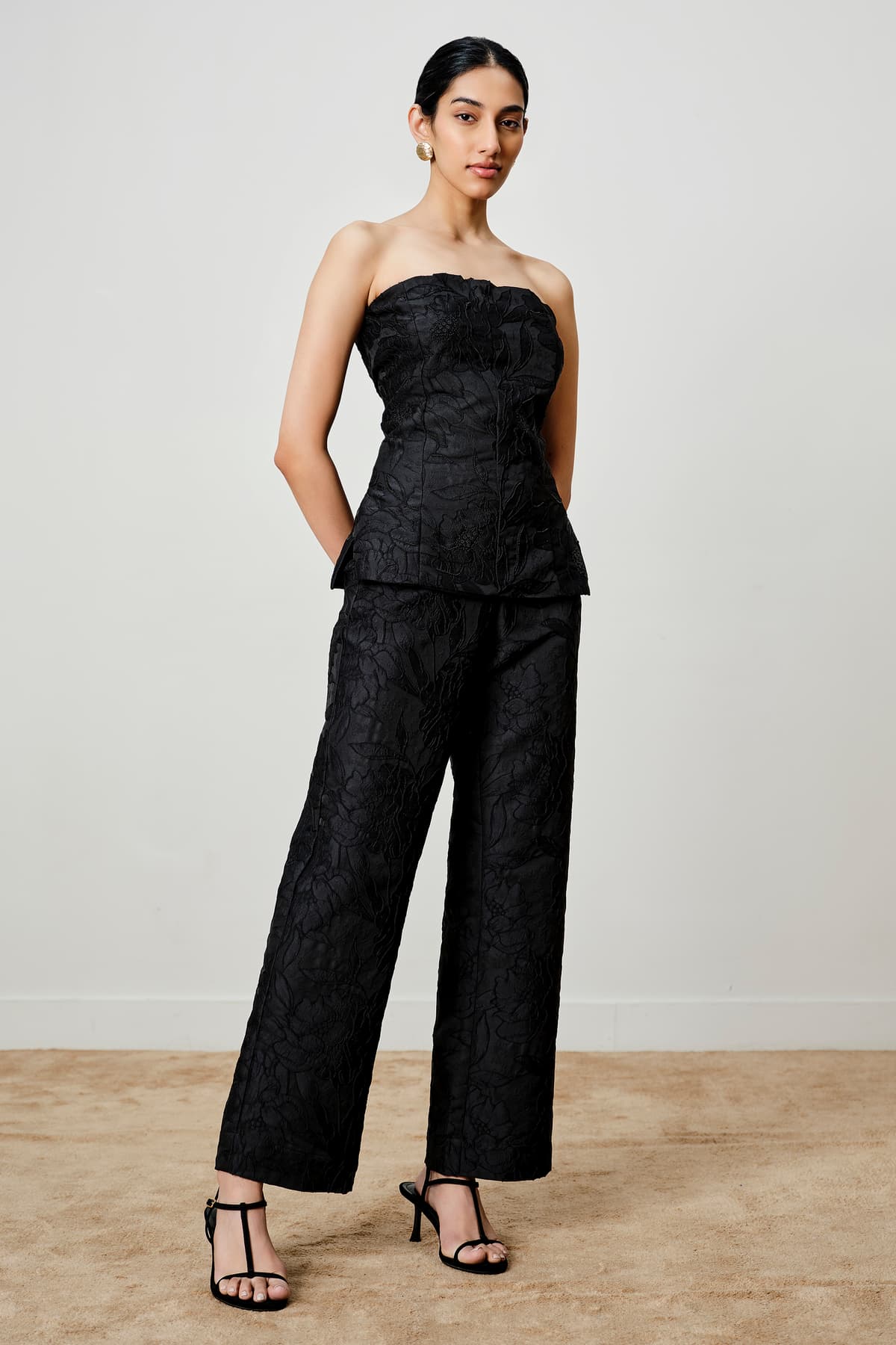 Women's Black Casual Off Shoulder Embroidered Top with Trouser