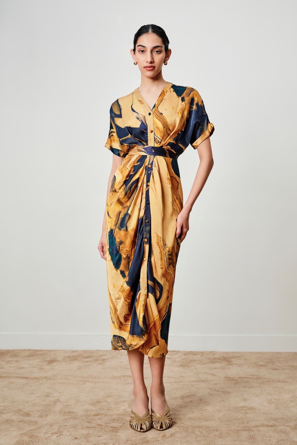 Women's Yellow Party Printed Fit & Flared V-Neck Dress