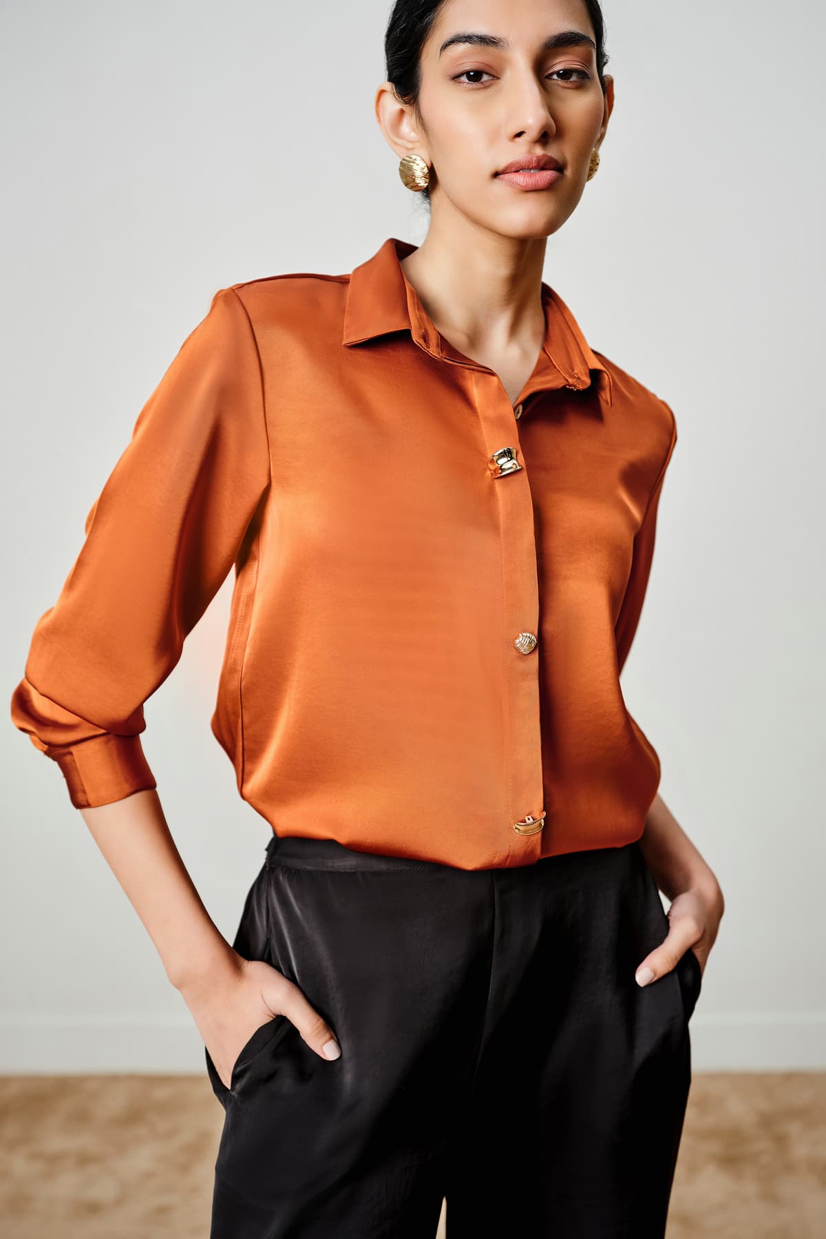 Women's Orange Casual Solid Regular Fit Shirt