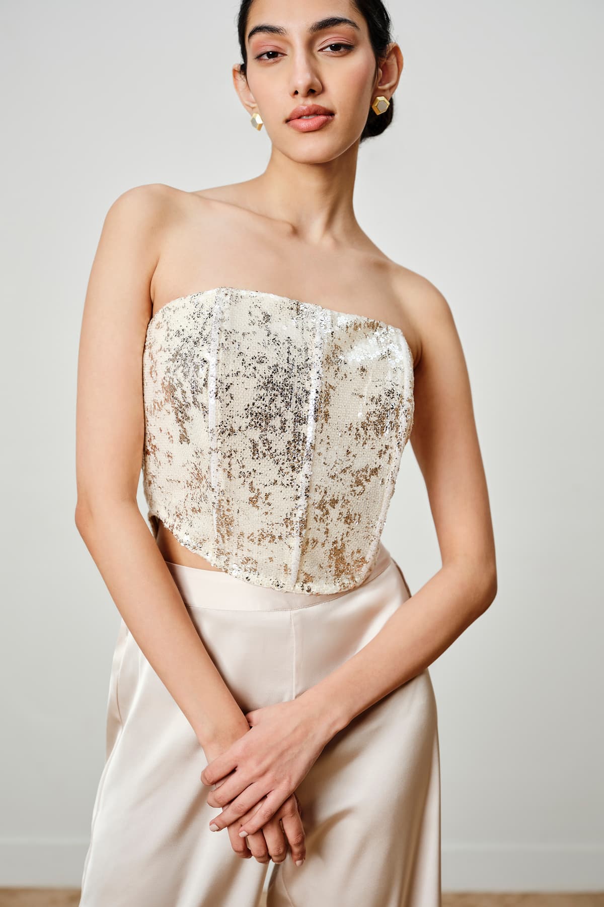 Women's Beige Party Off Shoulder Sequins Top