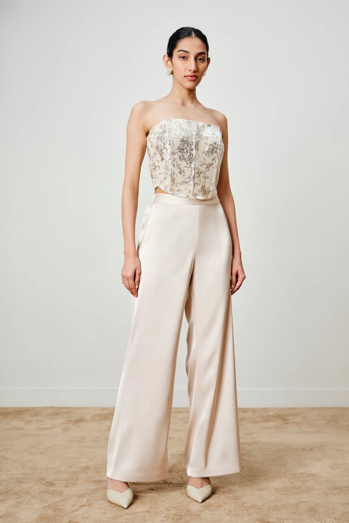 Women's Beige Party Off Shoulder Sequins Top
