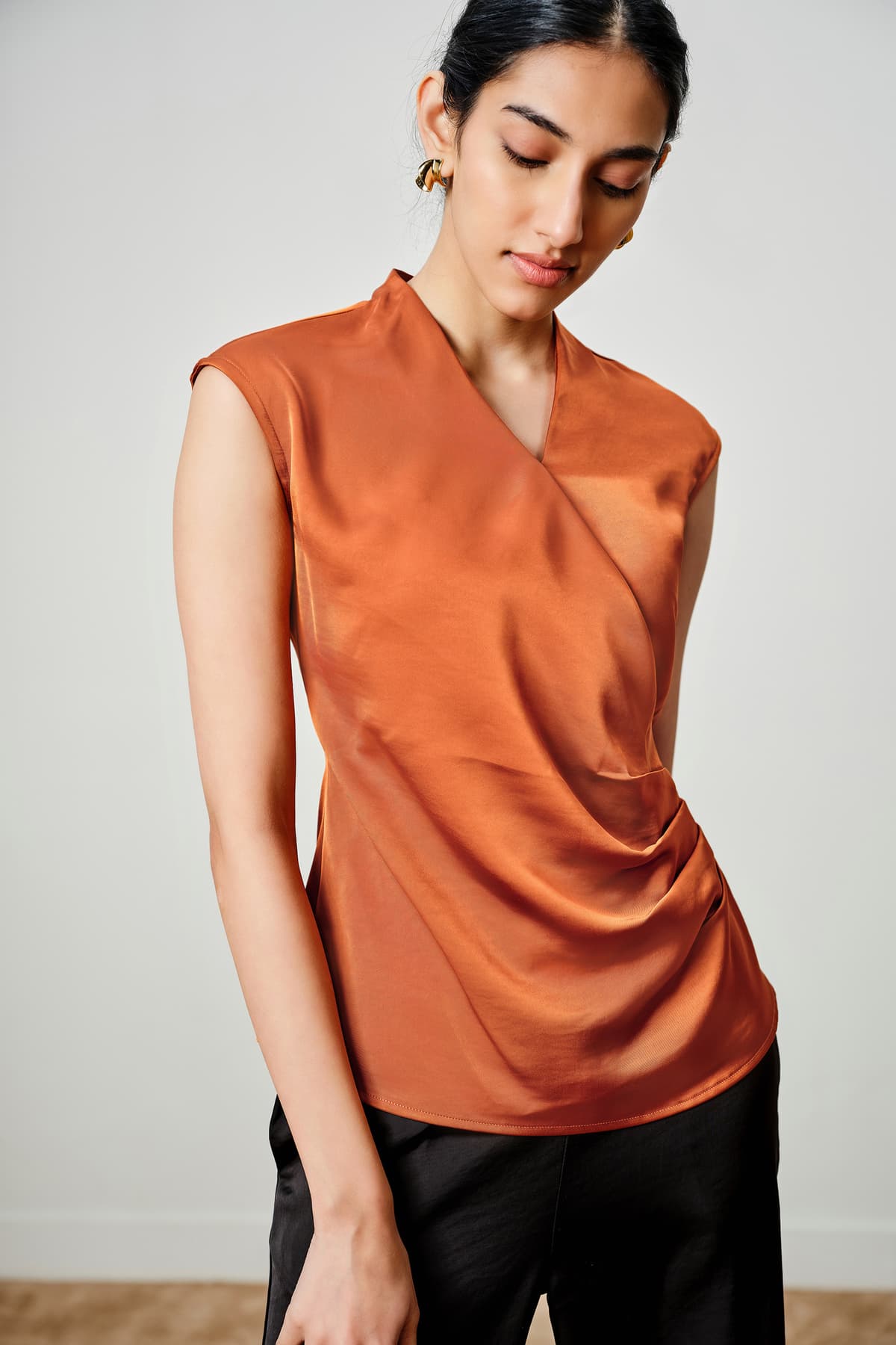 Women's Orange Casual Solid V-Neck Top